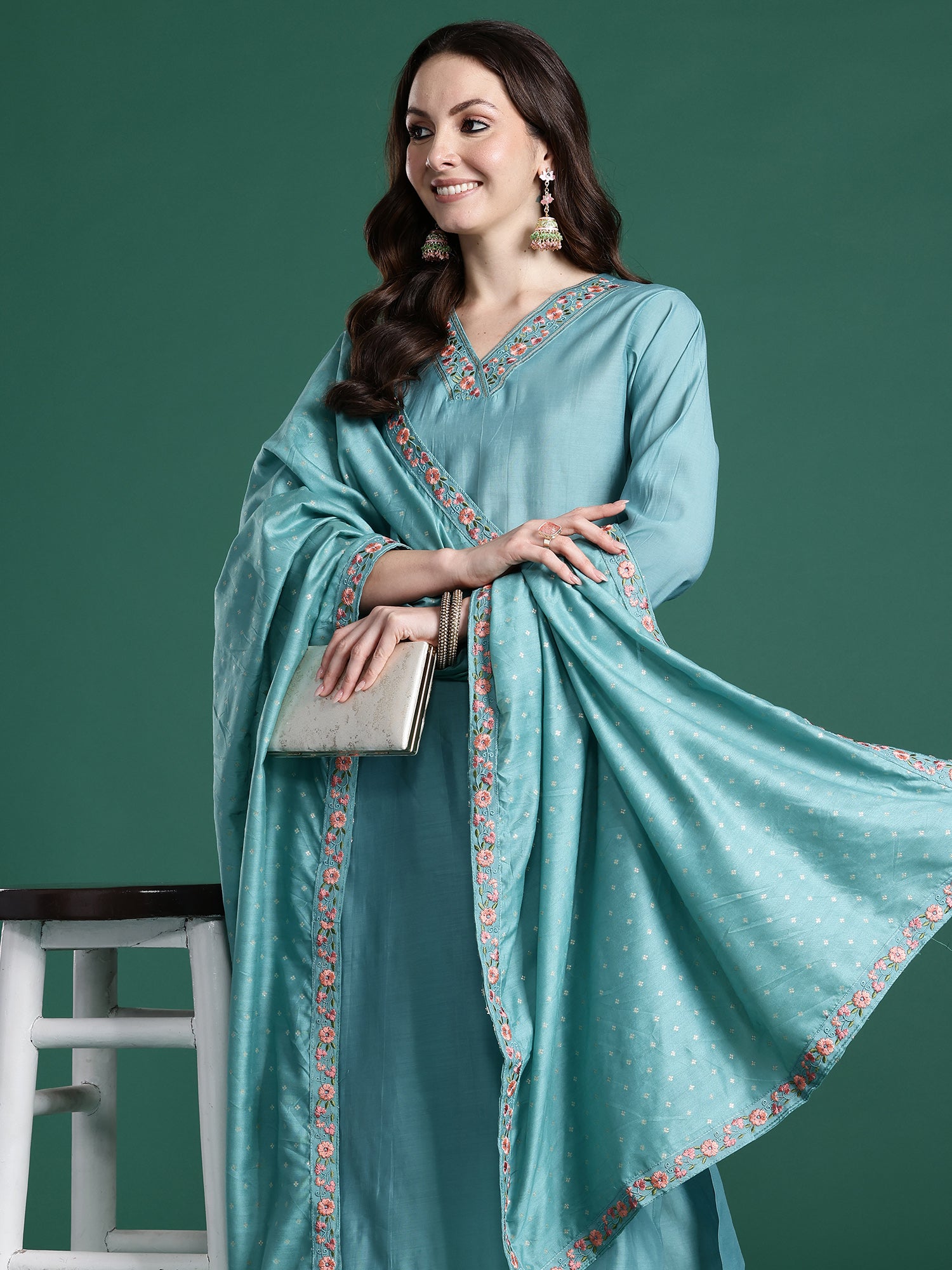 Indo Era Blue Embroidered Straight Kurta Trousers With Dupatta set- IE