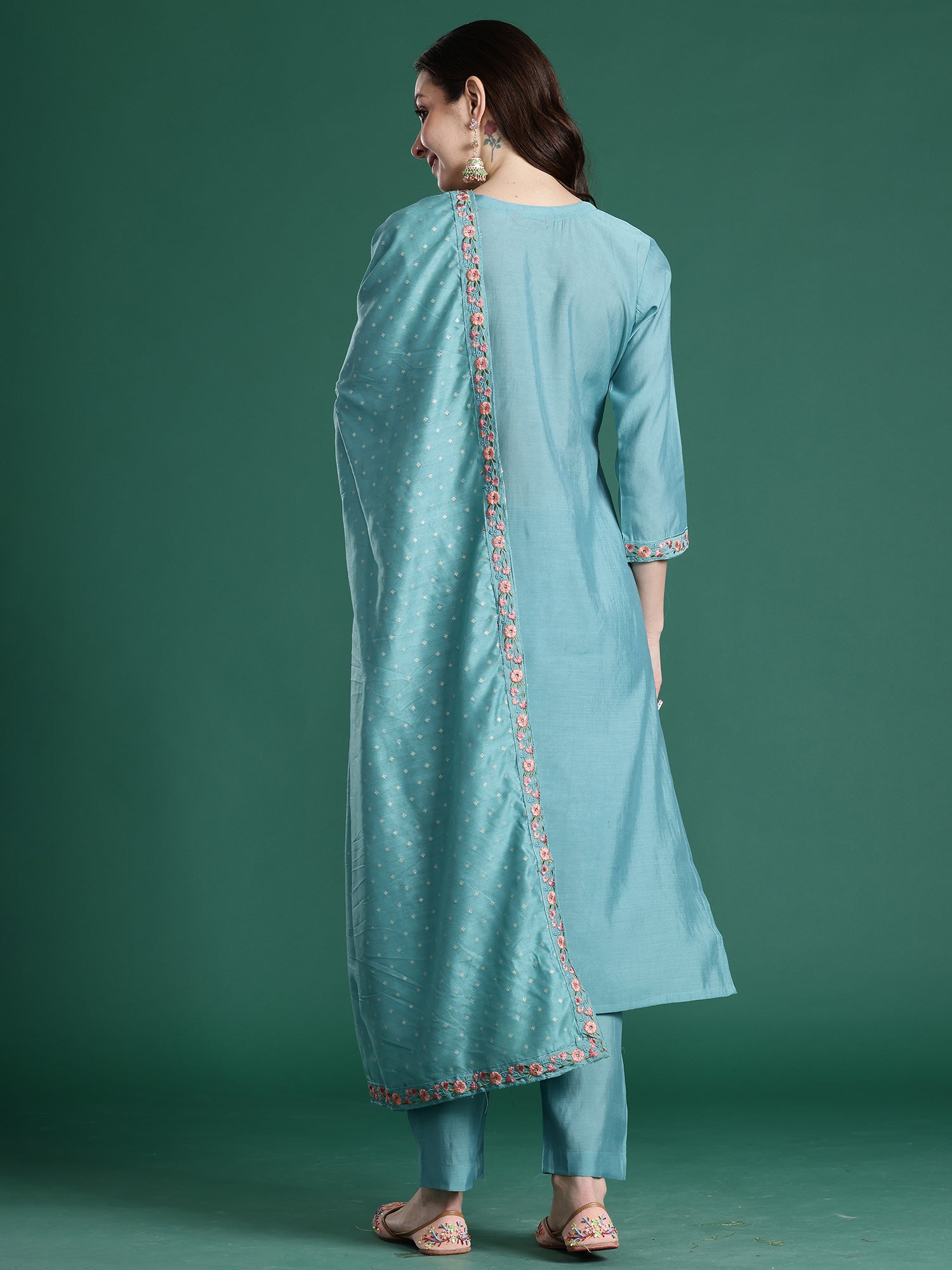 Indo Era Blue Embroidered Straight Kurta Trousers With Dupatta set- IE