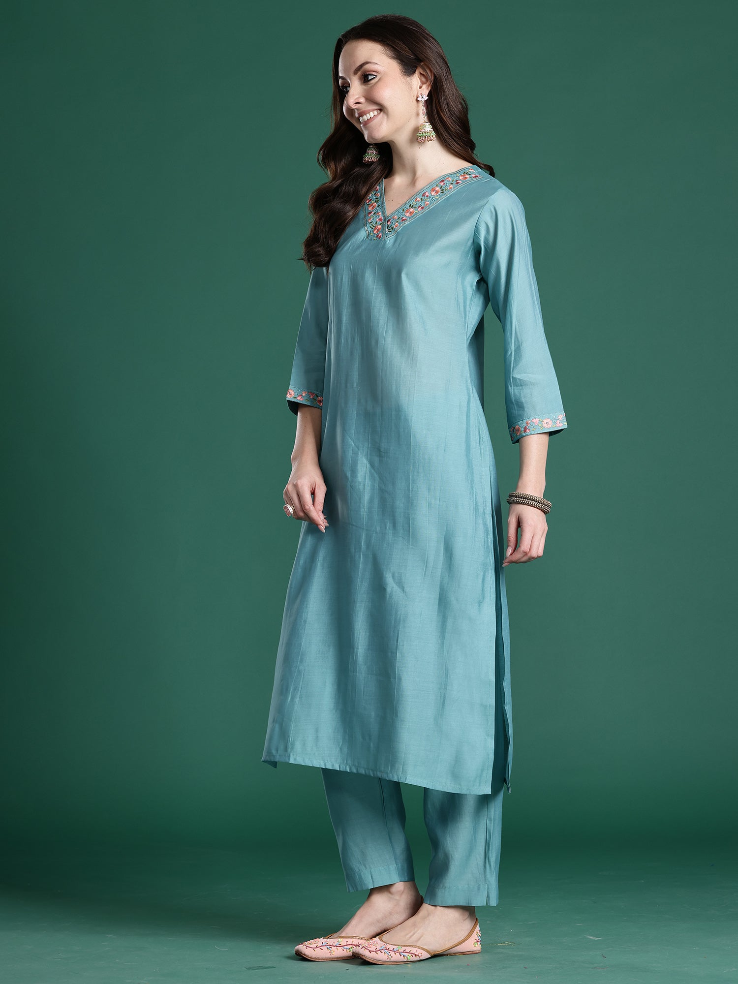 Indo Era Blue Embroidered Straight Kurta Trousers With Dupatta set- IE