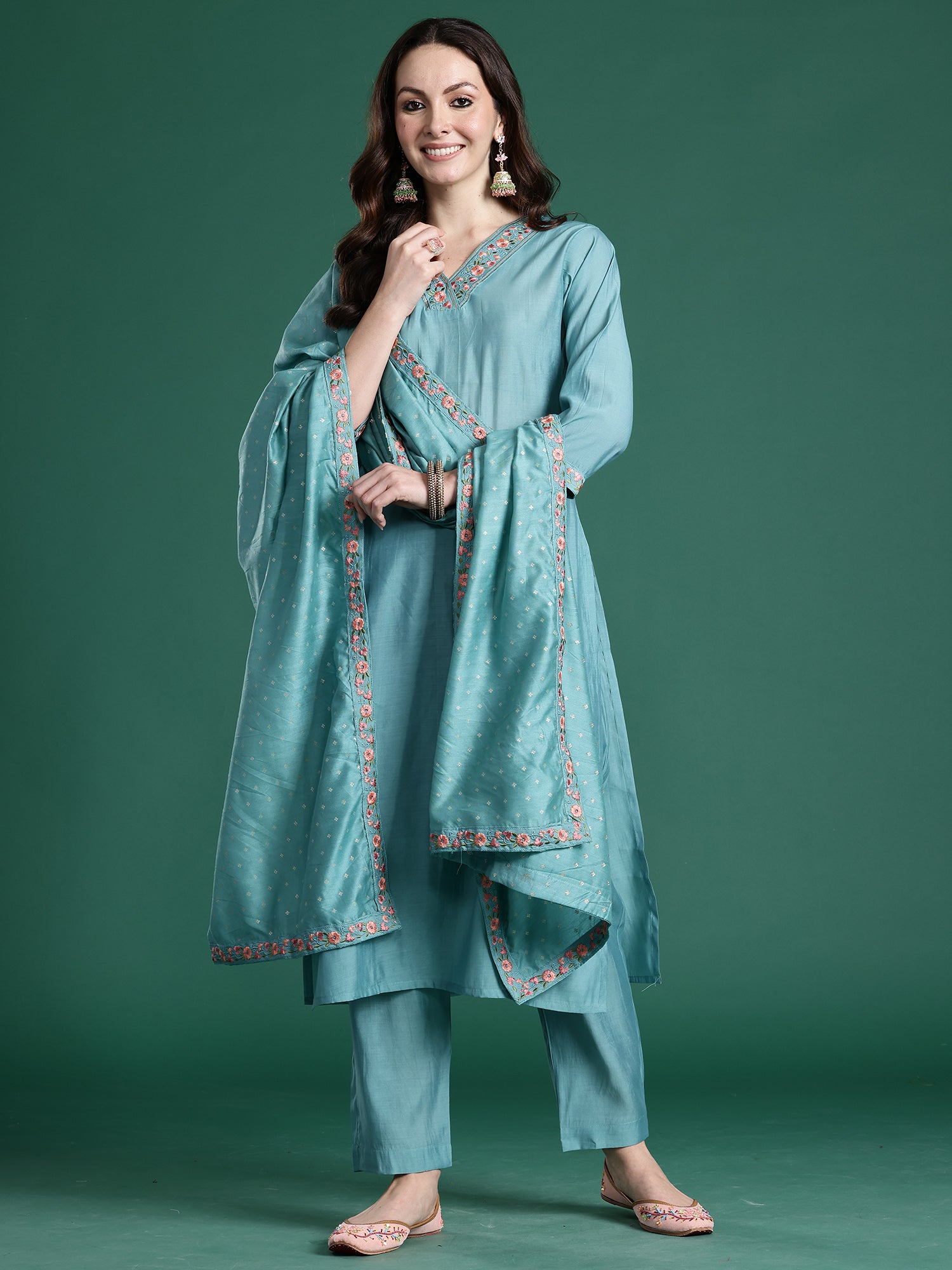 Indo Era Blue Embroidered Straight Kurta Trousers With Dupatta set- IE