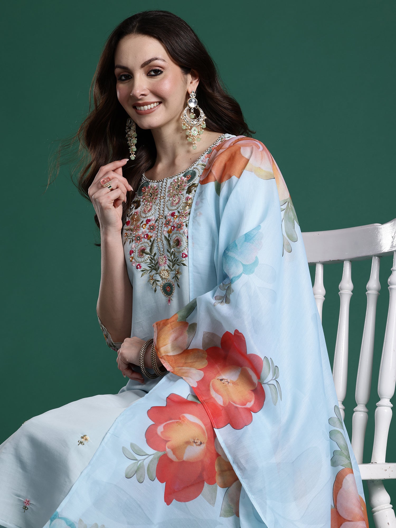 Indo Era Blue Embroidered Straight Kurta Trousers With Dupatta set- IE