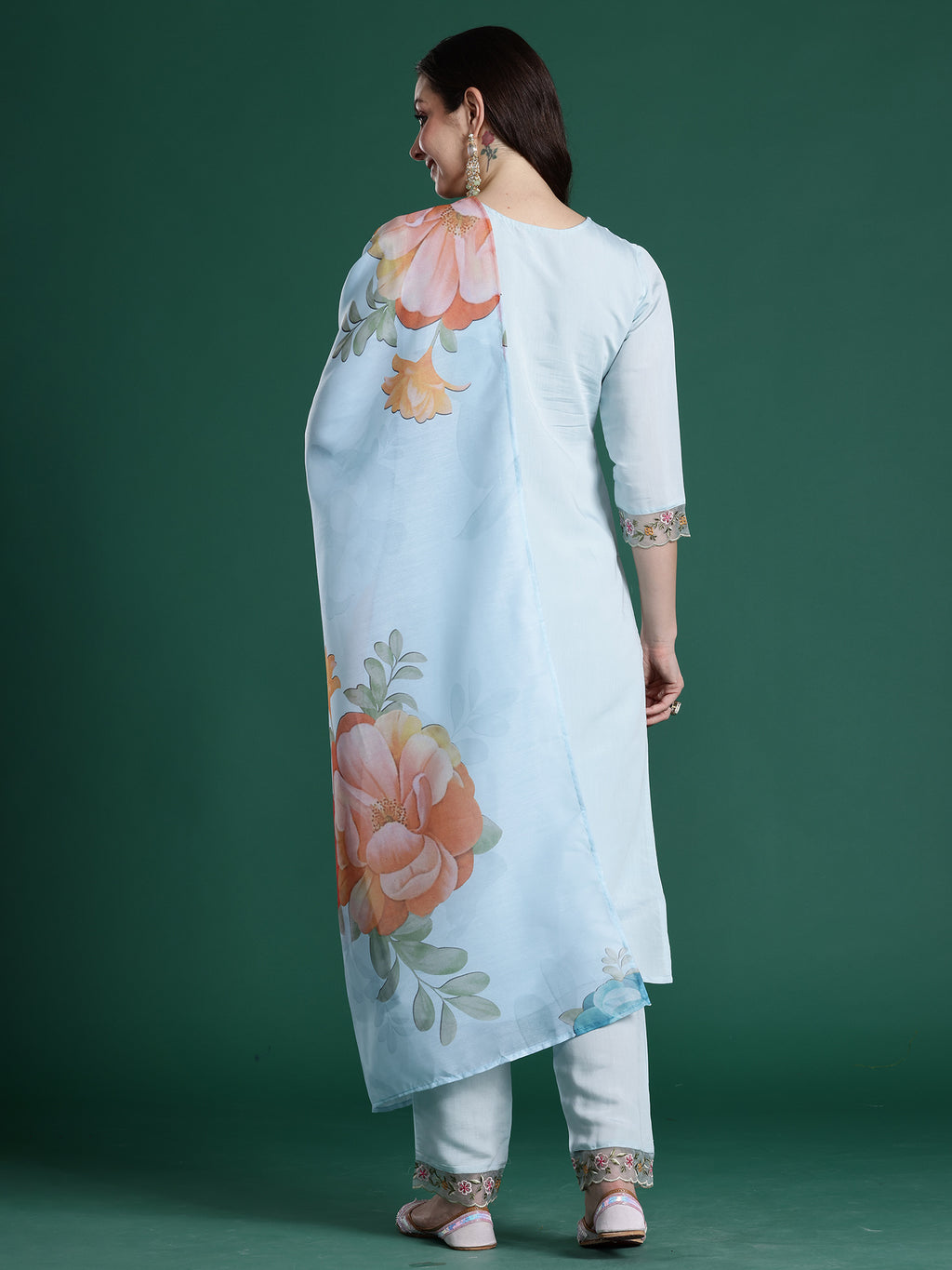 Indo Era Blue Embroidered Straight Kurta Trousers With Dupatta set- IE