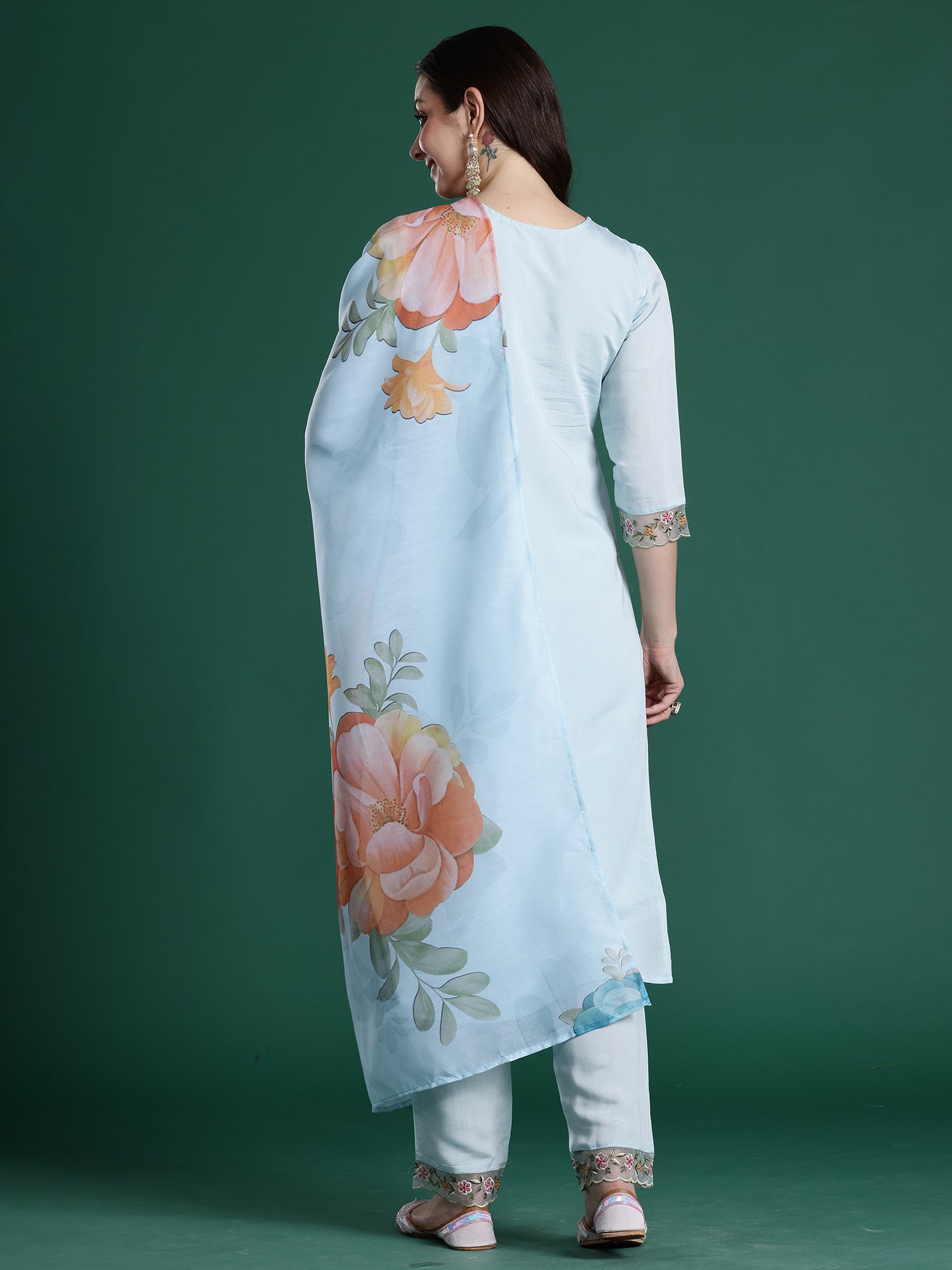 Indo Era Blue Embroidered Straight Kurta Trousers With Dupatta set- IE