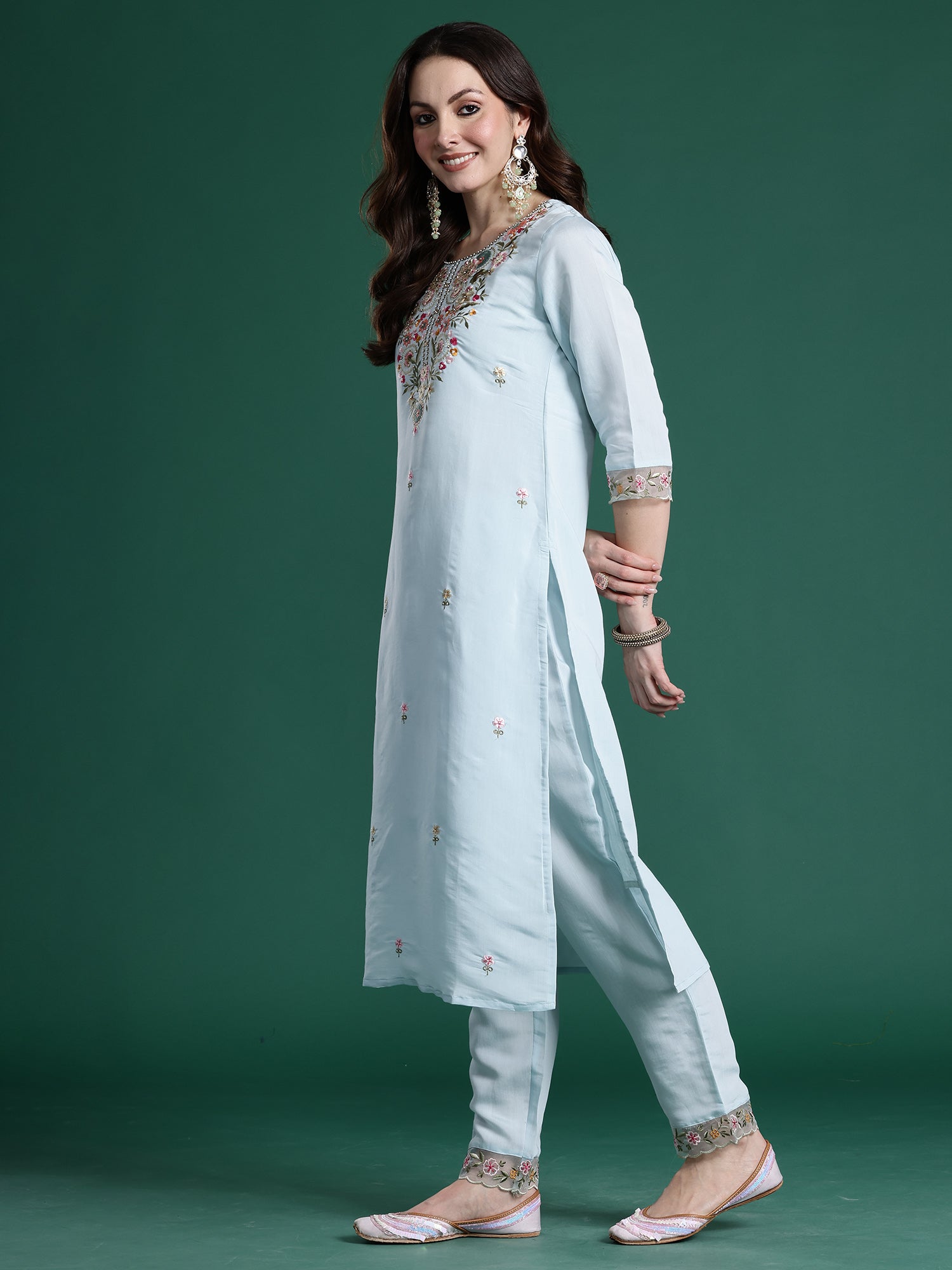 Indo Era Blue Embroidered Straight Kurta Trousers With Dupatta set- IE