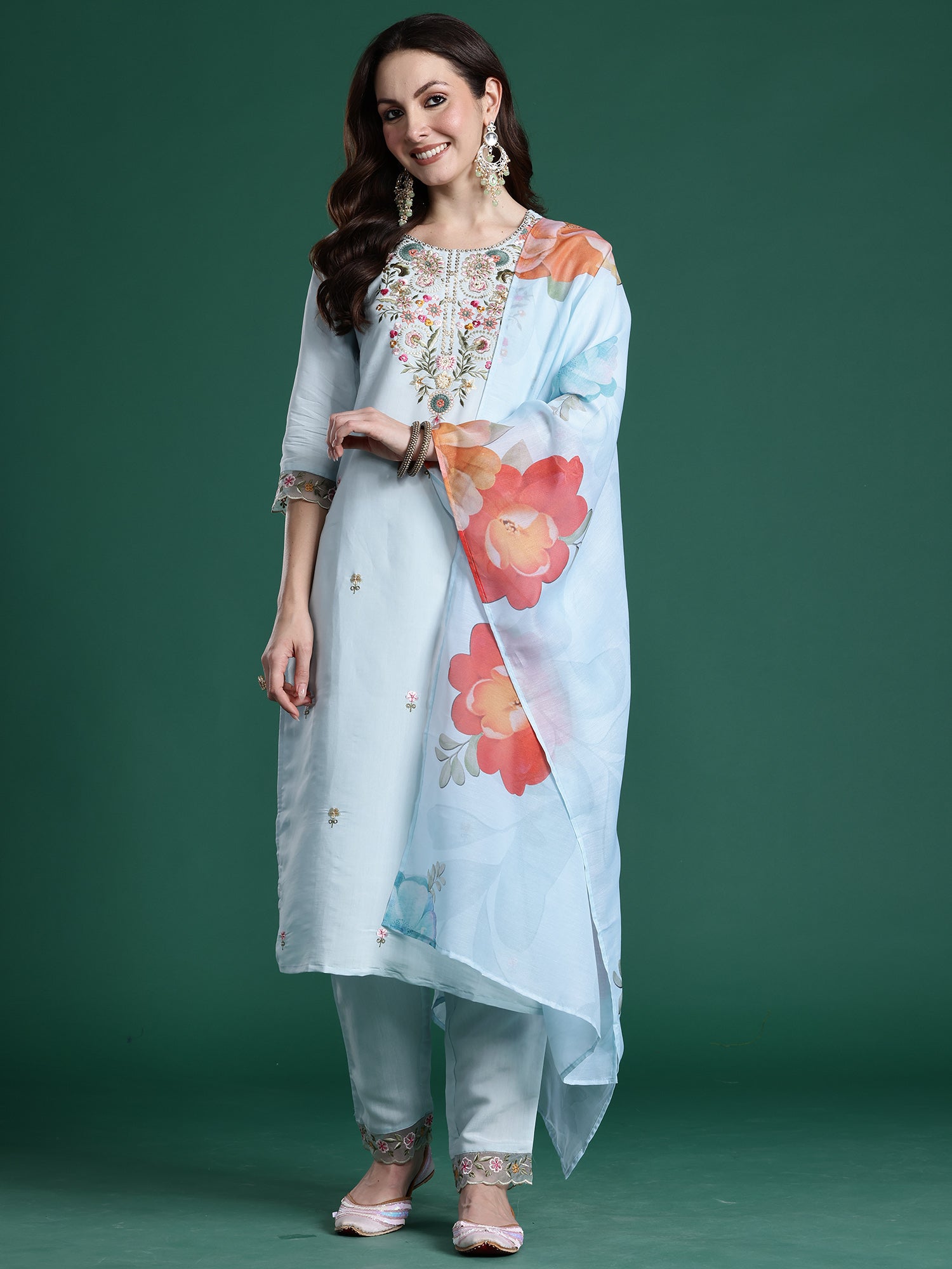 Indo Era Blue Embroidered Straight Kurta Trousers With Dupatta set- IE