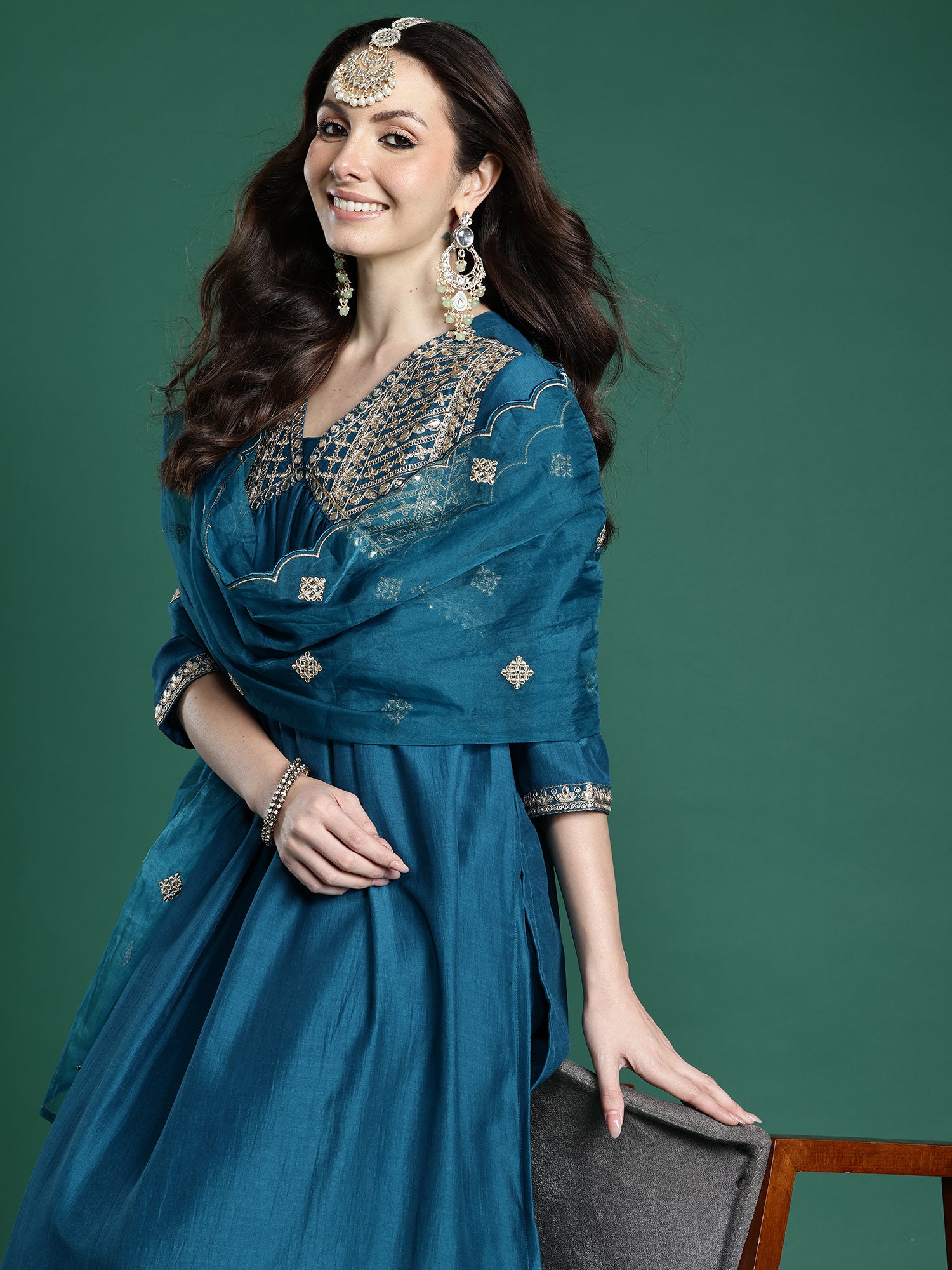 Indo Era Blue Embroidered A-Line Kurta Trousers With Dupatta set- IE