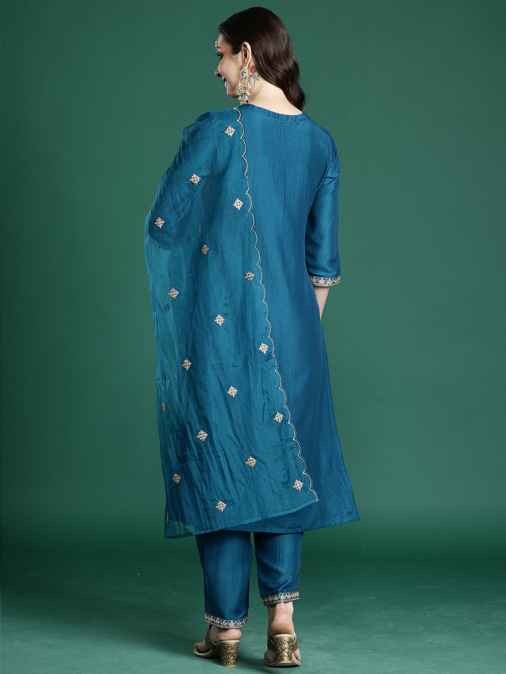 Indo Era Blue Embroidered A-Line Kurta Trousers With Dupatta set- IE