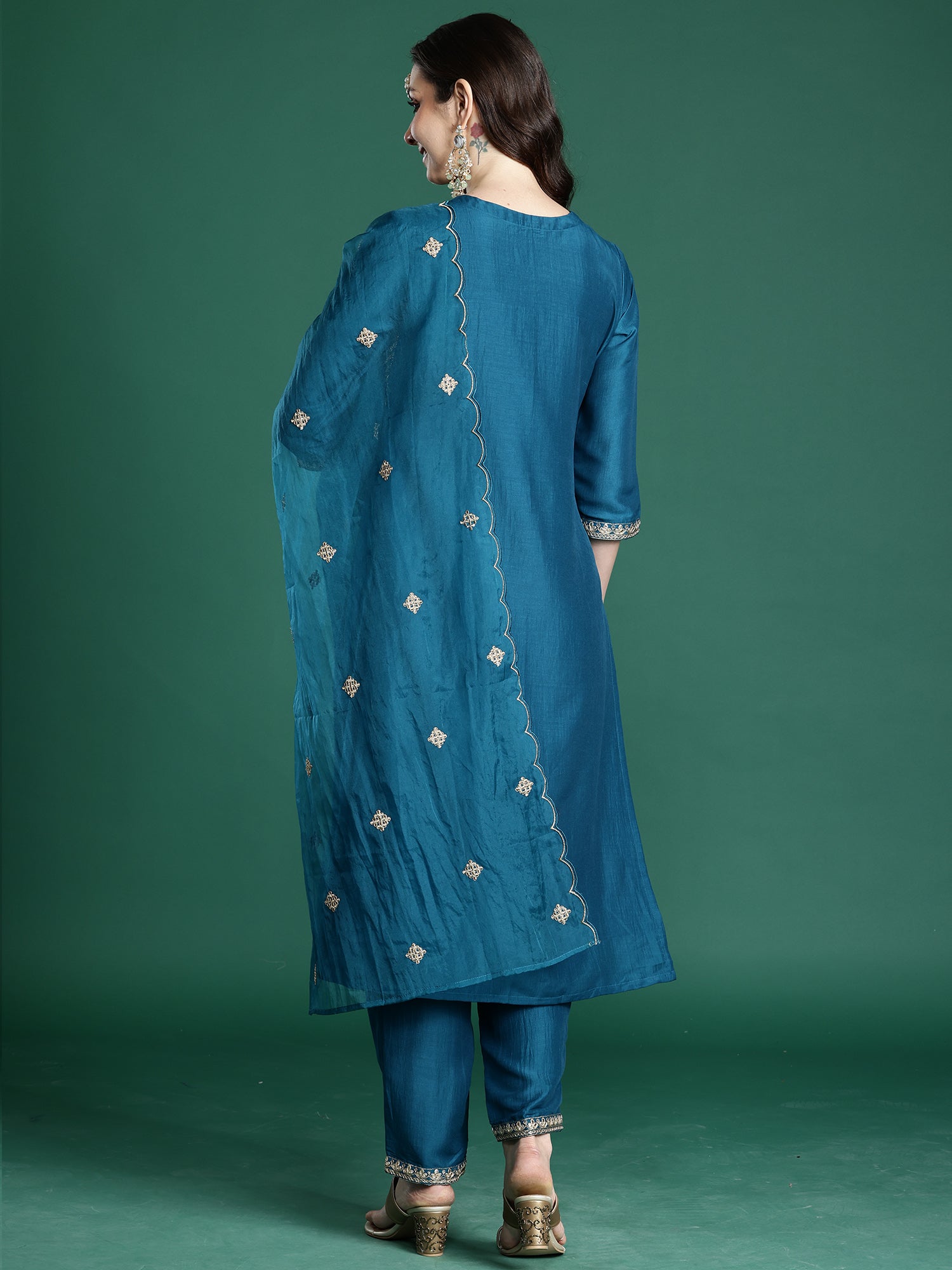 Indo Era Blue Embroidered A-Line Kurta Trousers With Dupatta set- IE