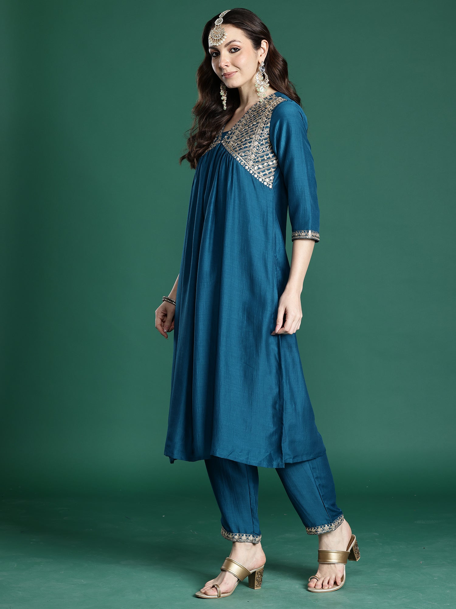 Indo Era Blue Embroidered A-Line Kurta Trousers With Dupatta set- IE