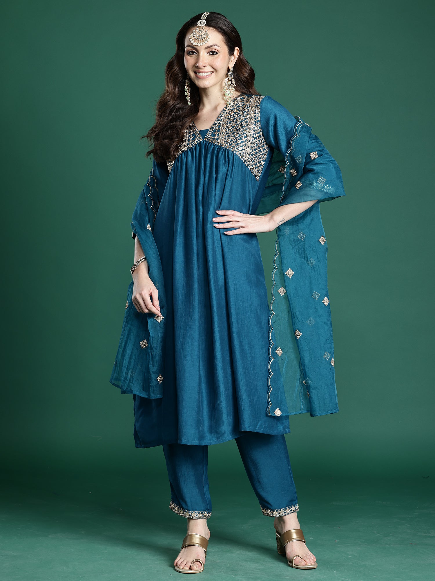 Indo Era Blue Embroidered A-Line Kurta Trousers With Dupatta set- IE
