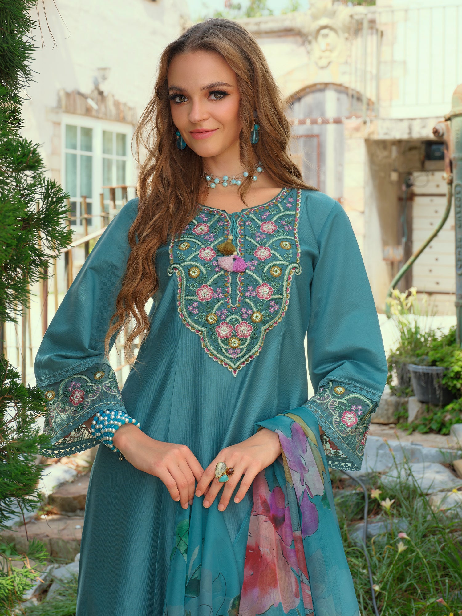 Indo Era Blue Embroidered A-Line Kurta Trousers With Dupatta Set- IE