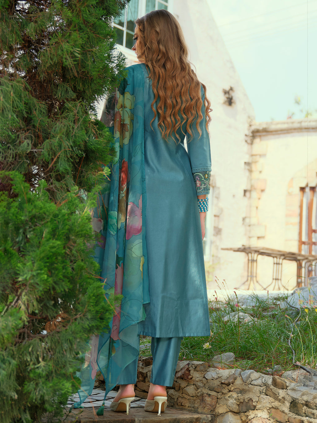 Indo Era Blue Embroidered A-Line Kurta Trousers With Dupatta Set- IE