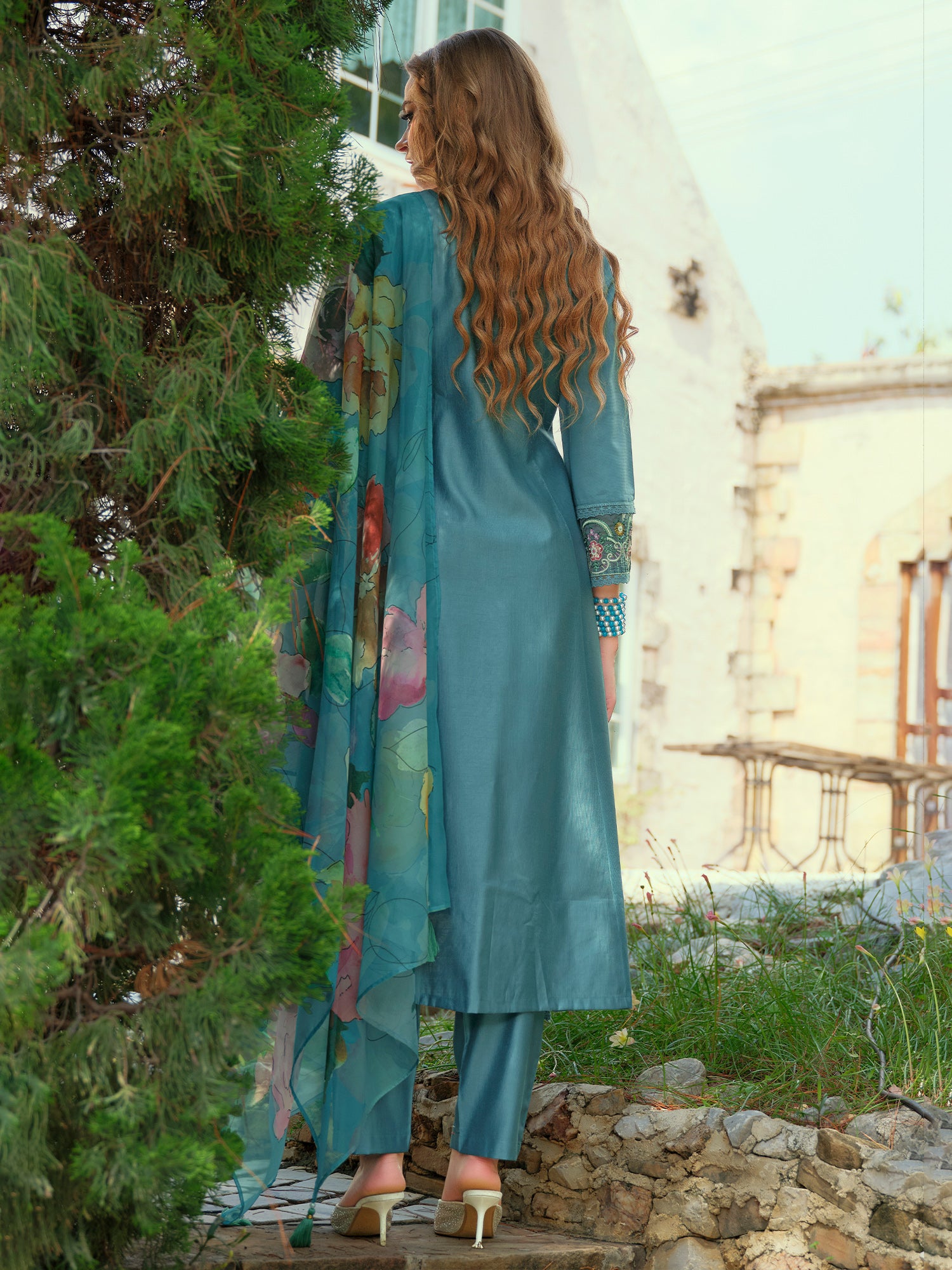 Indo Era Blue Embroidered A-Line Kurta Trousers With Dupatta Set- IE