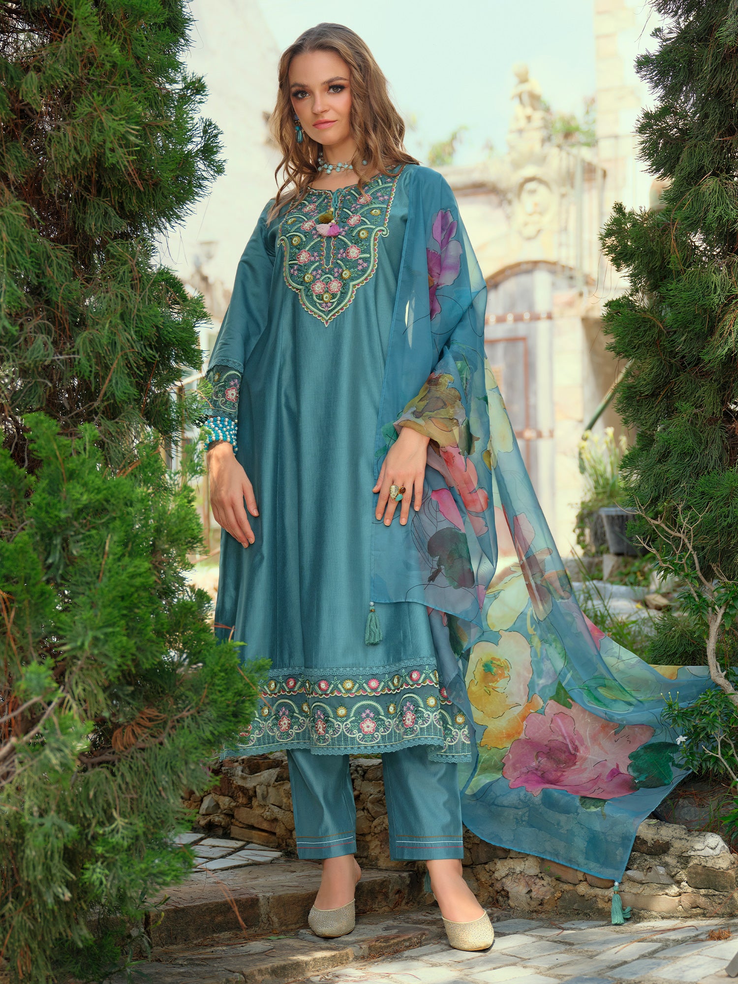 Indo Era Blue Embroidered A-Line Kurta Trousers With Dupatta Set- IE