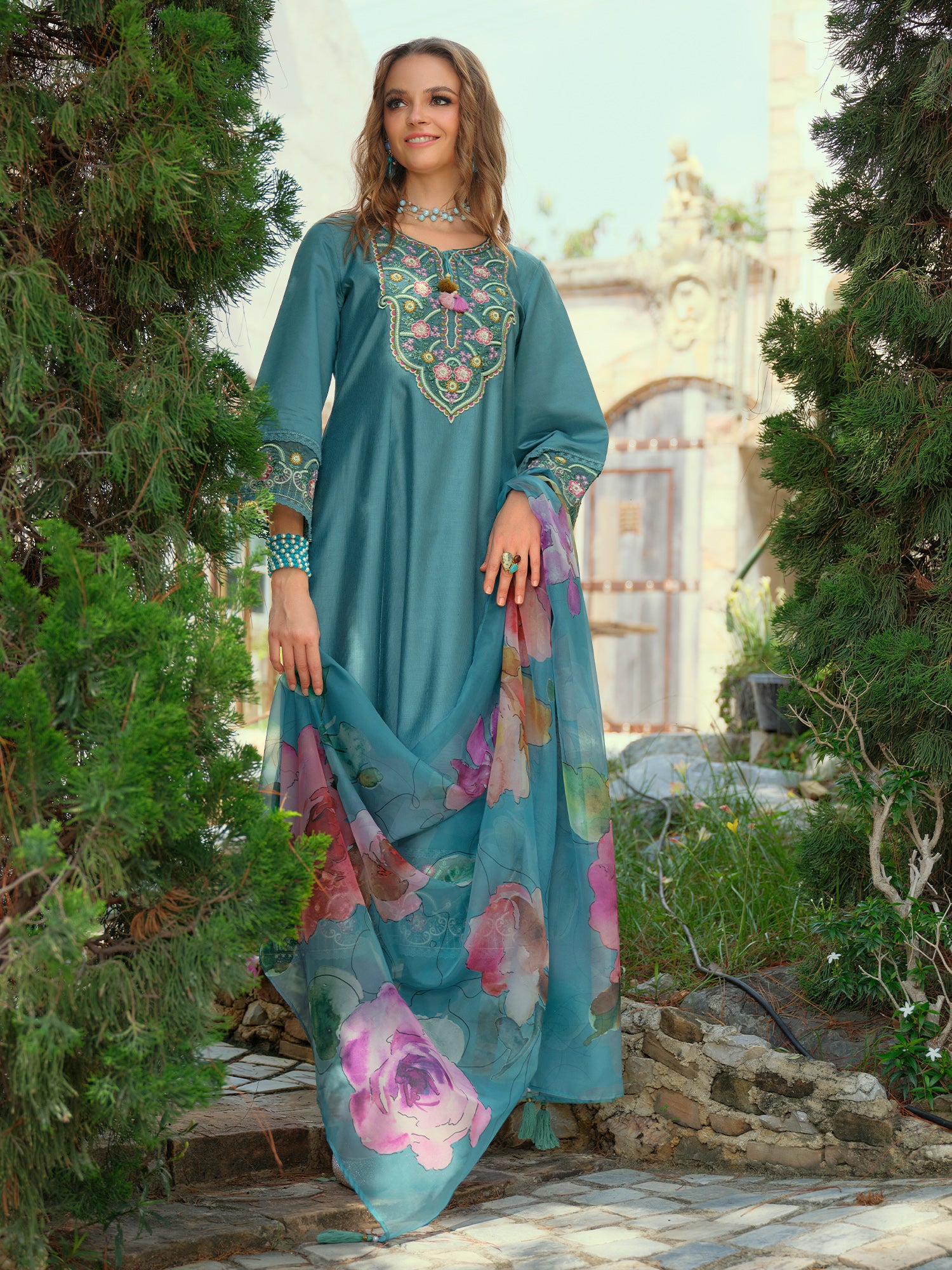 Indo Era Blue Embroidered A-Line Kurta Trousers With Dupatta Set- IE