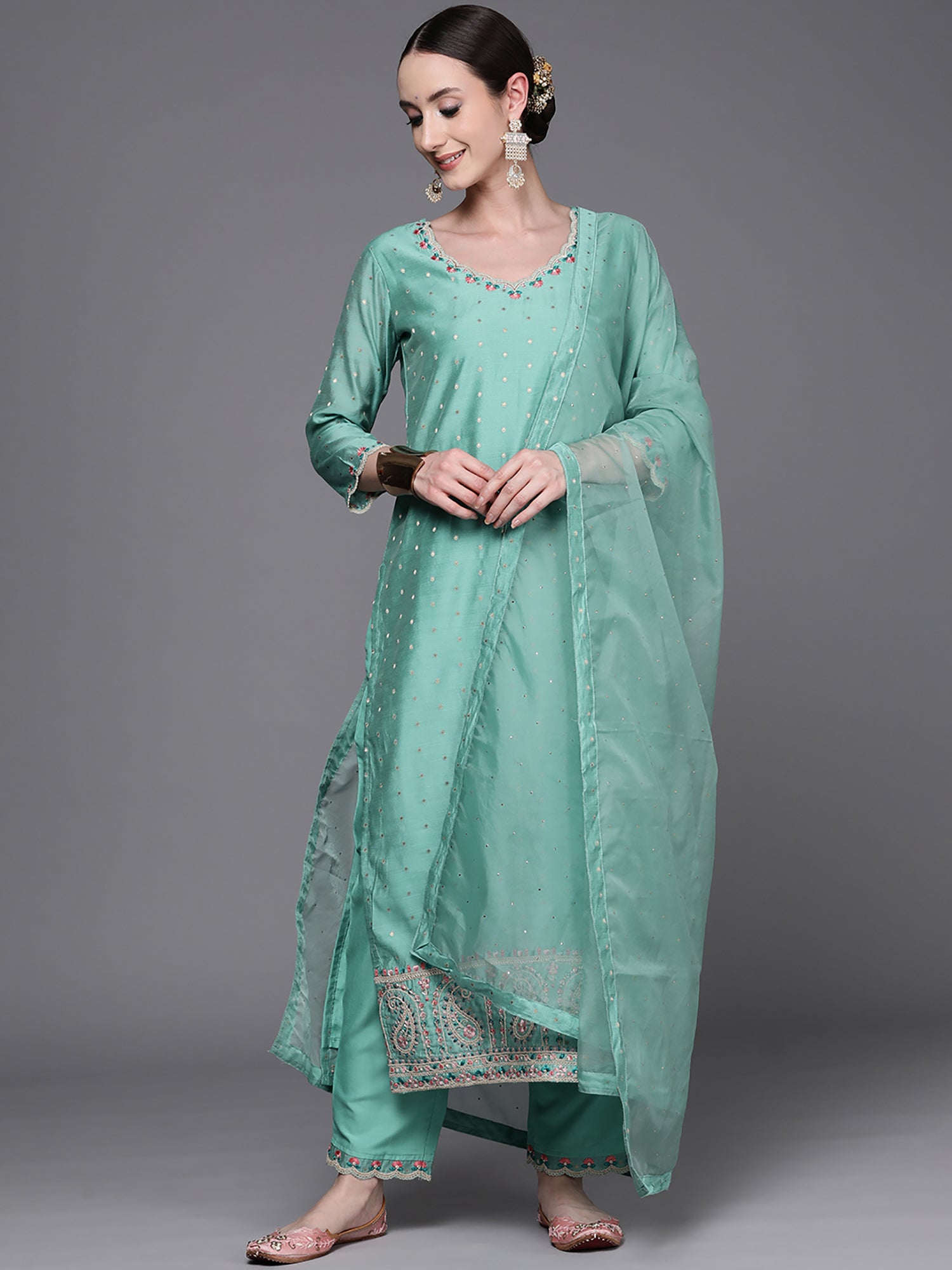 Blue Embroidered Straight Kurta Trousers With Dupatta Set