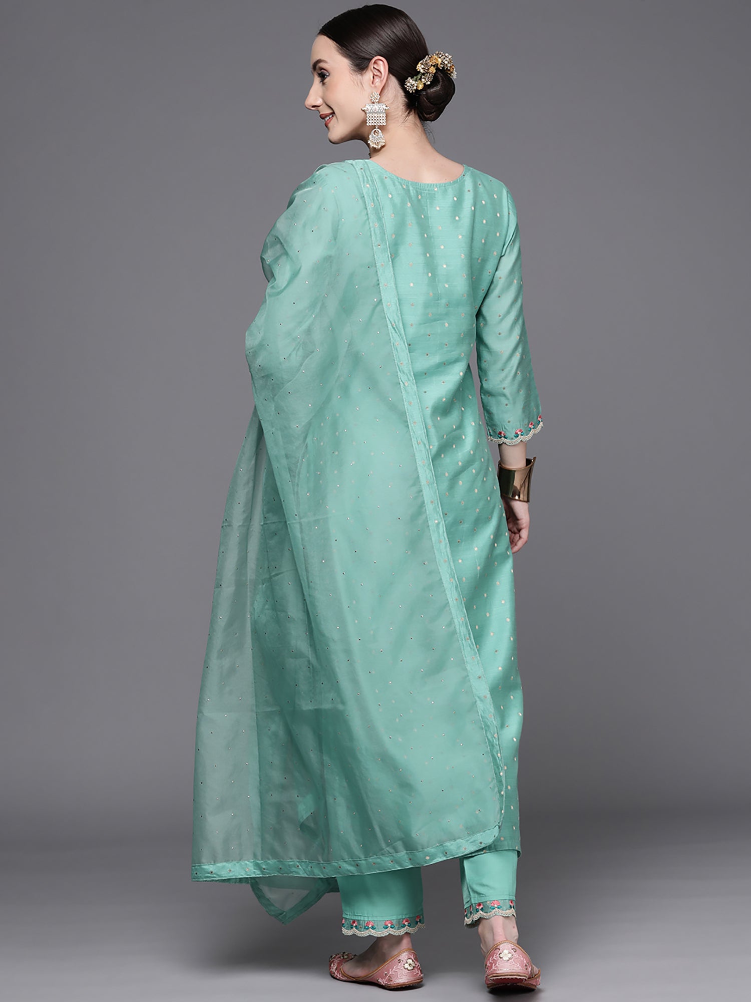 Blue Embroidered Straight Kurta Trousers With Dupatta Set