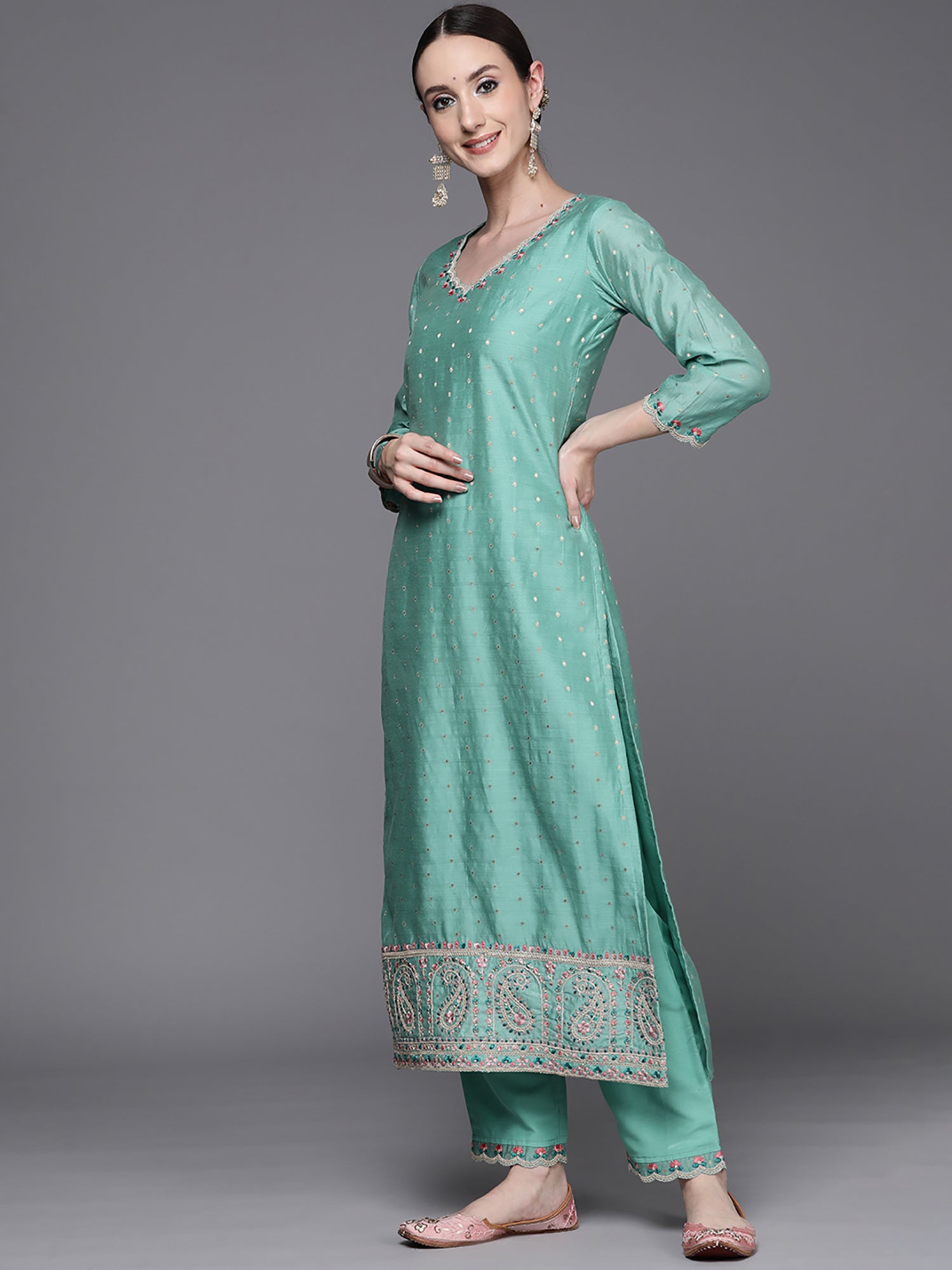 Blue Embroidered Straight Kurta Trousers With Dupatta Set