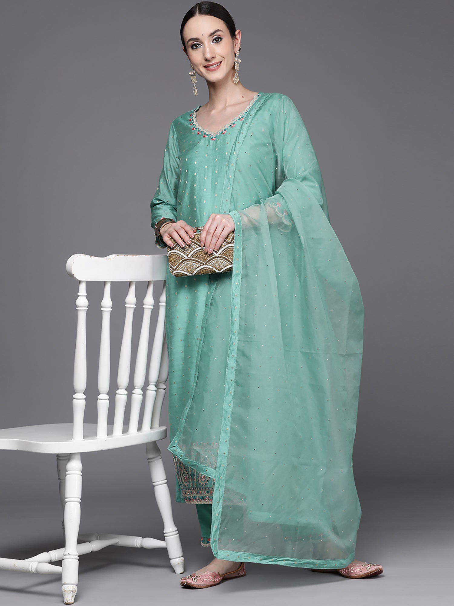 Blue Embroidered Straight Kurta Trousers With Dupatta Set