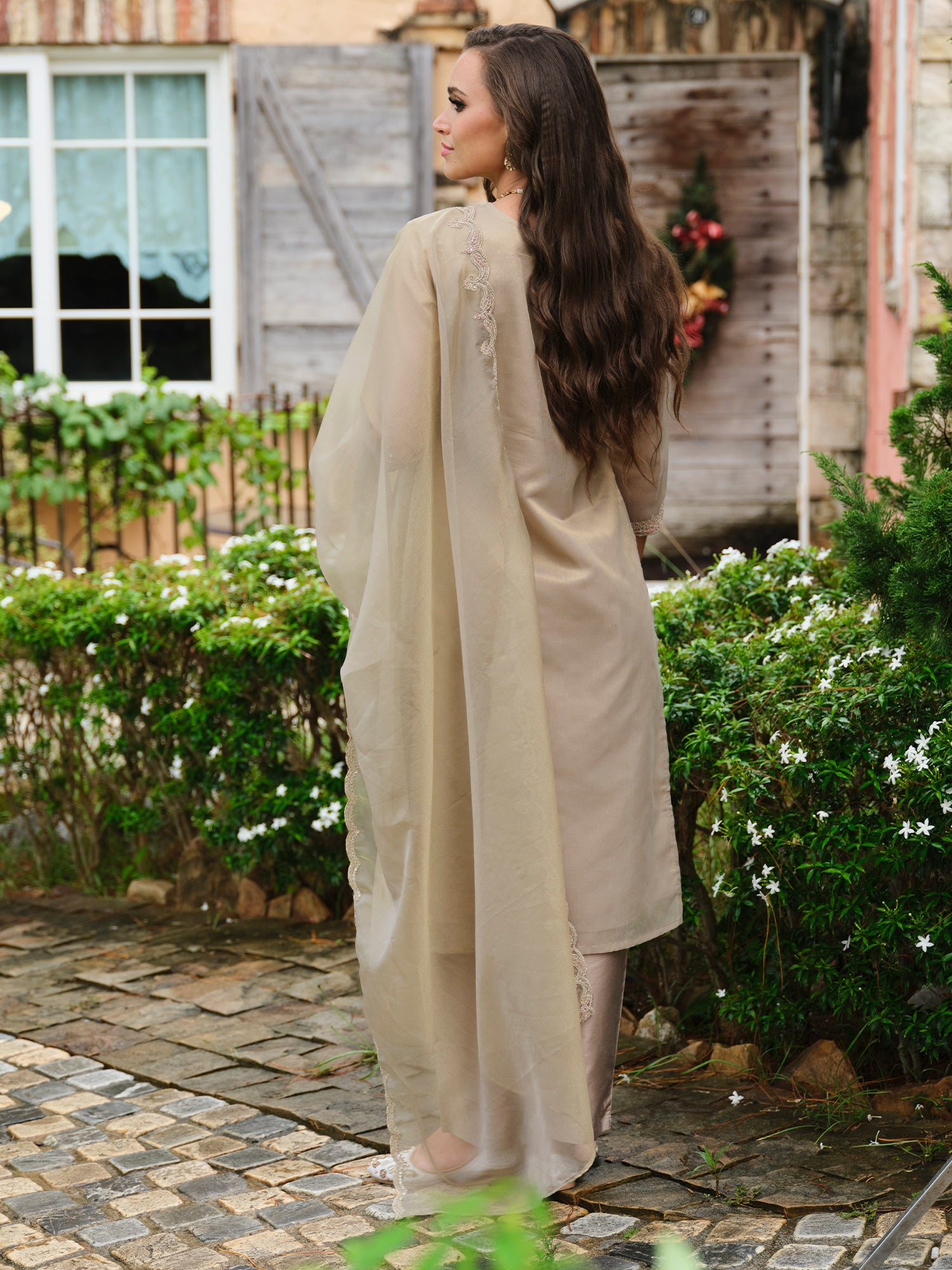 Indo Era Brown Embroidered Straight Kurta Trousers With Dupatta set- IE