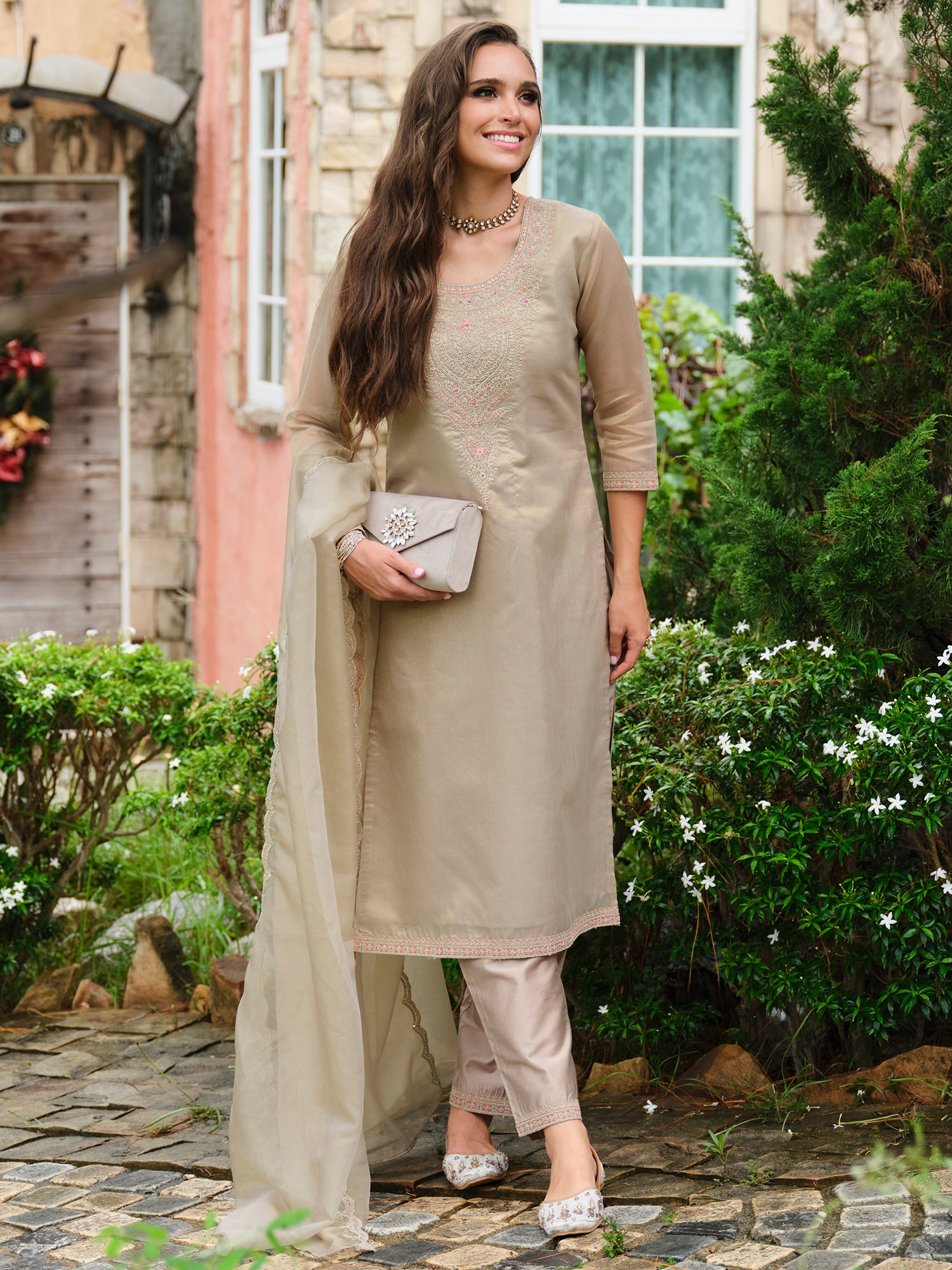 Indo Era Brown Embroidered Straight Kurta Trousers With Dupatta set- IE