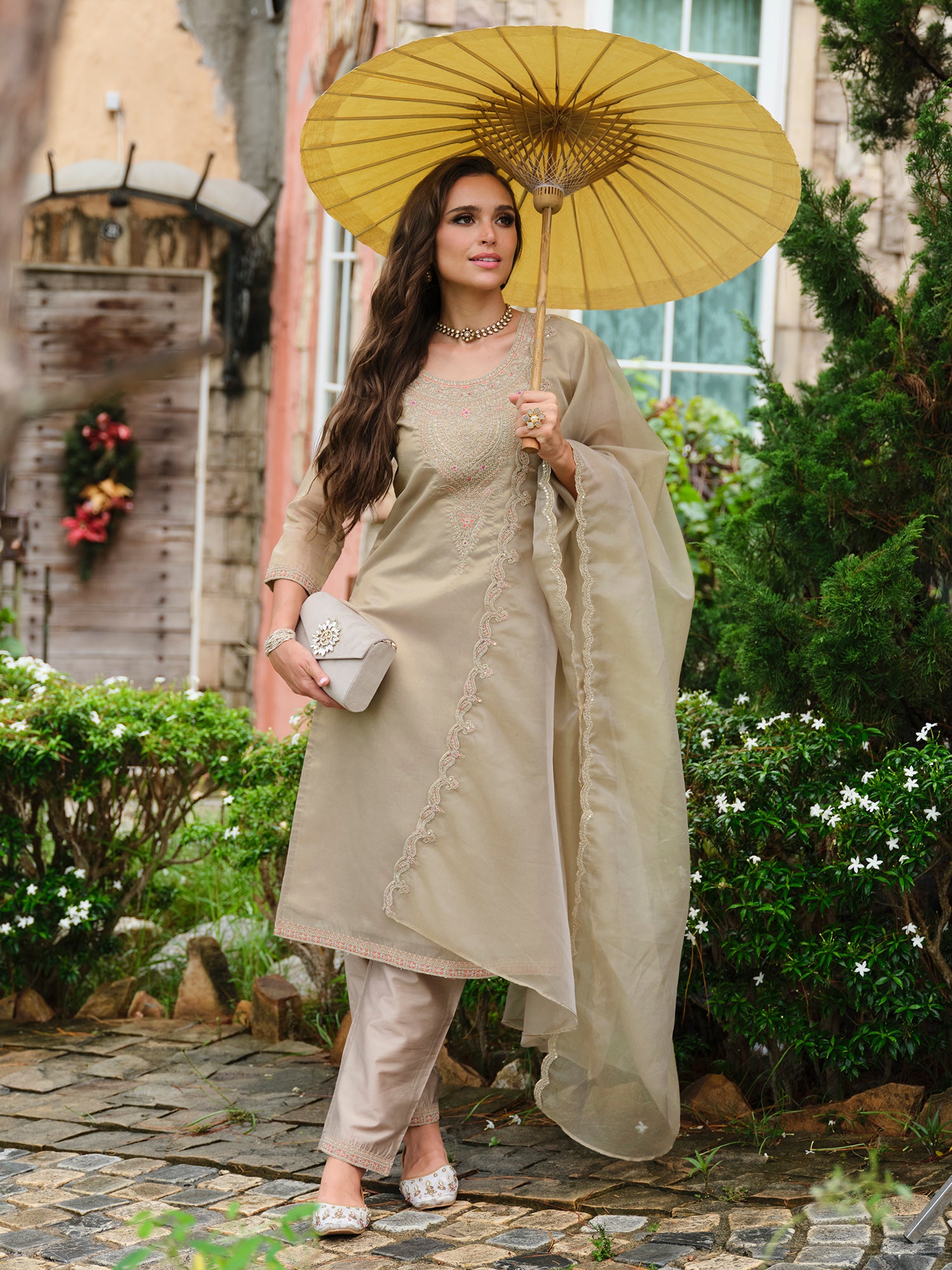 Indo Era Brown Embroidered Straight Kurta Trousers With Dupatta set- IE