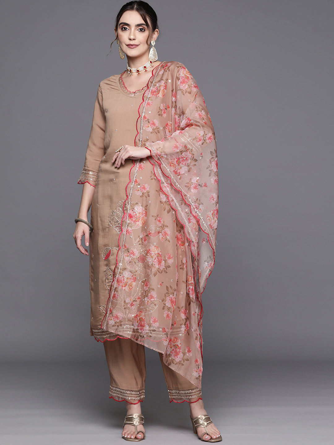 Brown Embroidered Straight Kurta Trousers With Dupatta Set