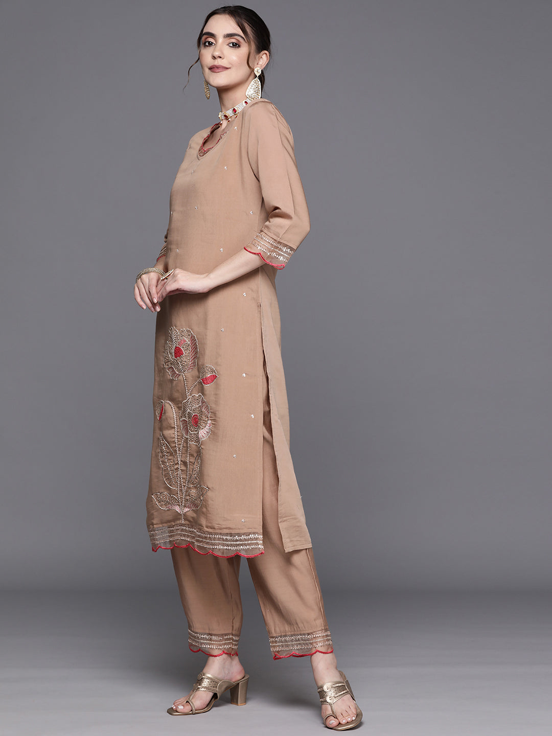 Brown Embroidered Straight Kurta Trousers With Dupatta Set