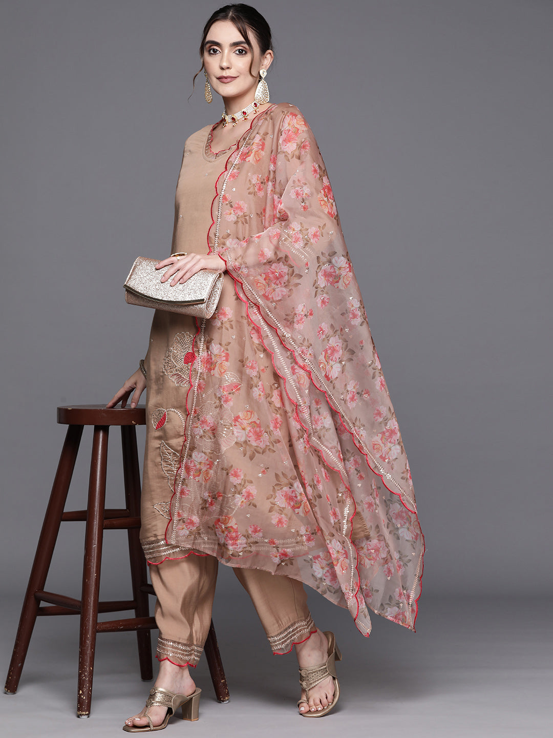 Brown Embroidered Straight Kurta Trousers With Dupatta Set