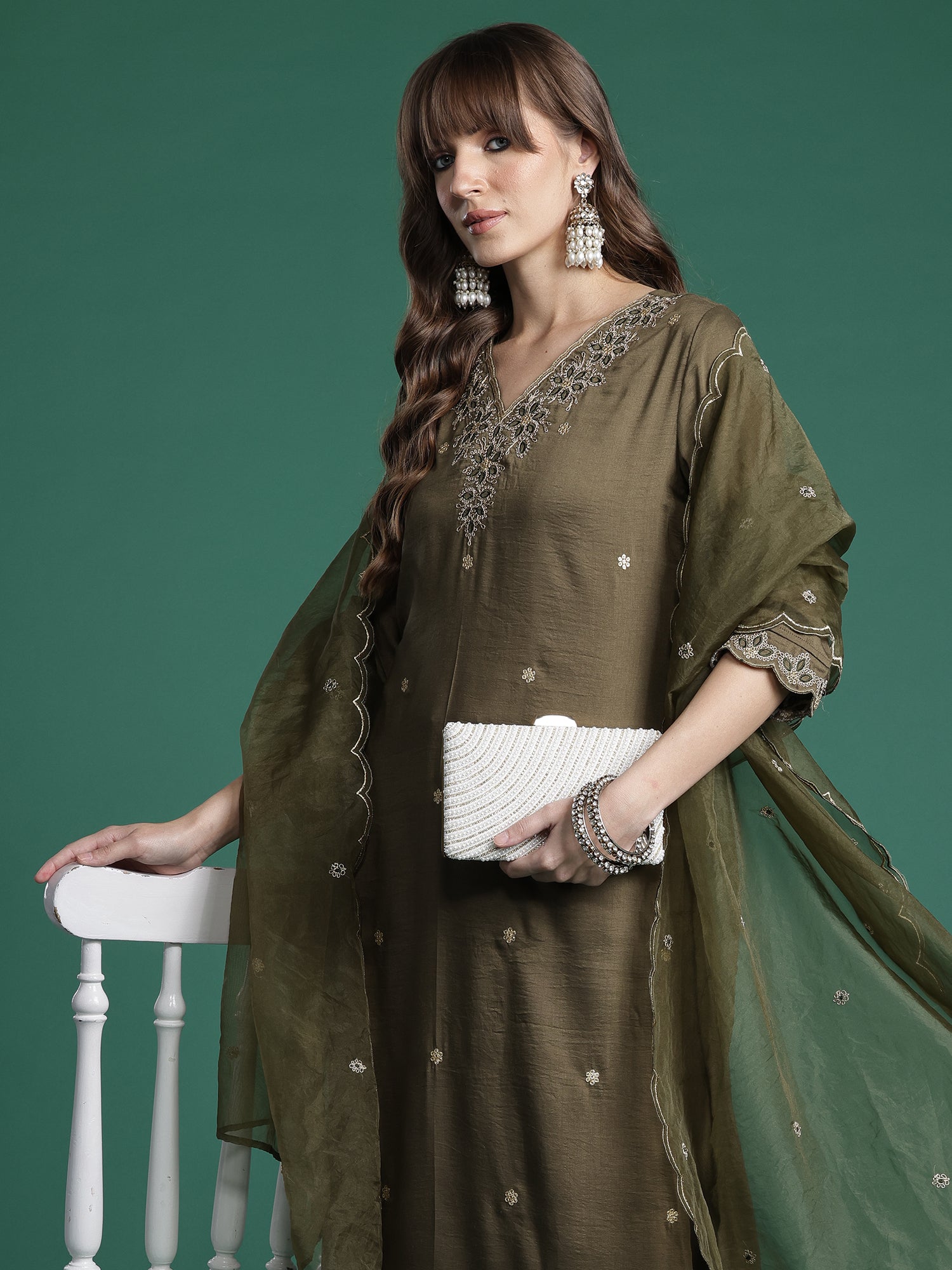 Indo Era Green Embroidered Straight Kurta Trousers With Dupatta Set- IE