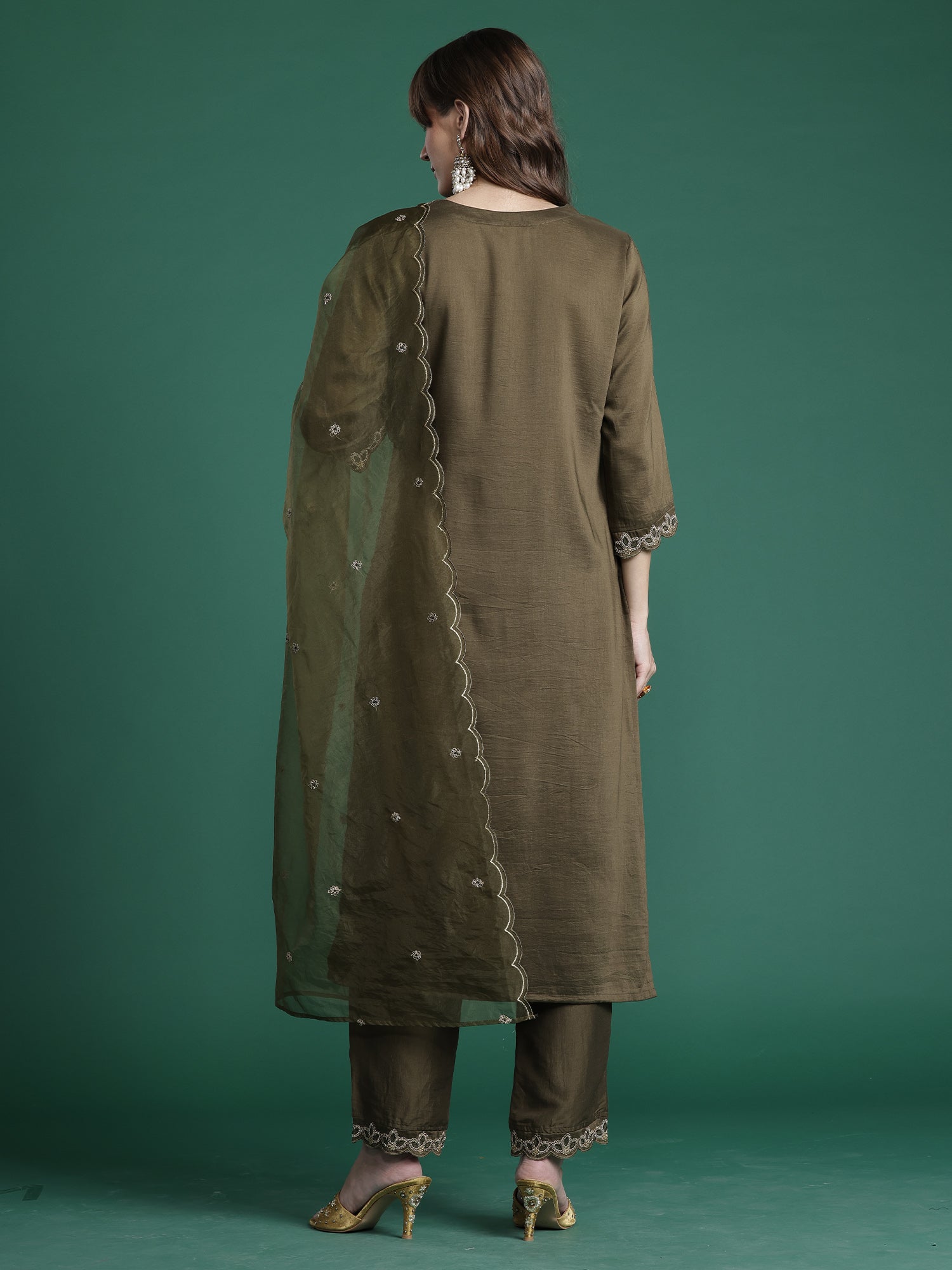 Indo Era Green Embroidered Straight Kurta Trousers With Dupatta Set- IE
