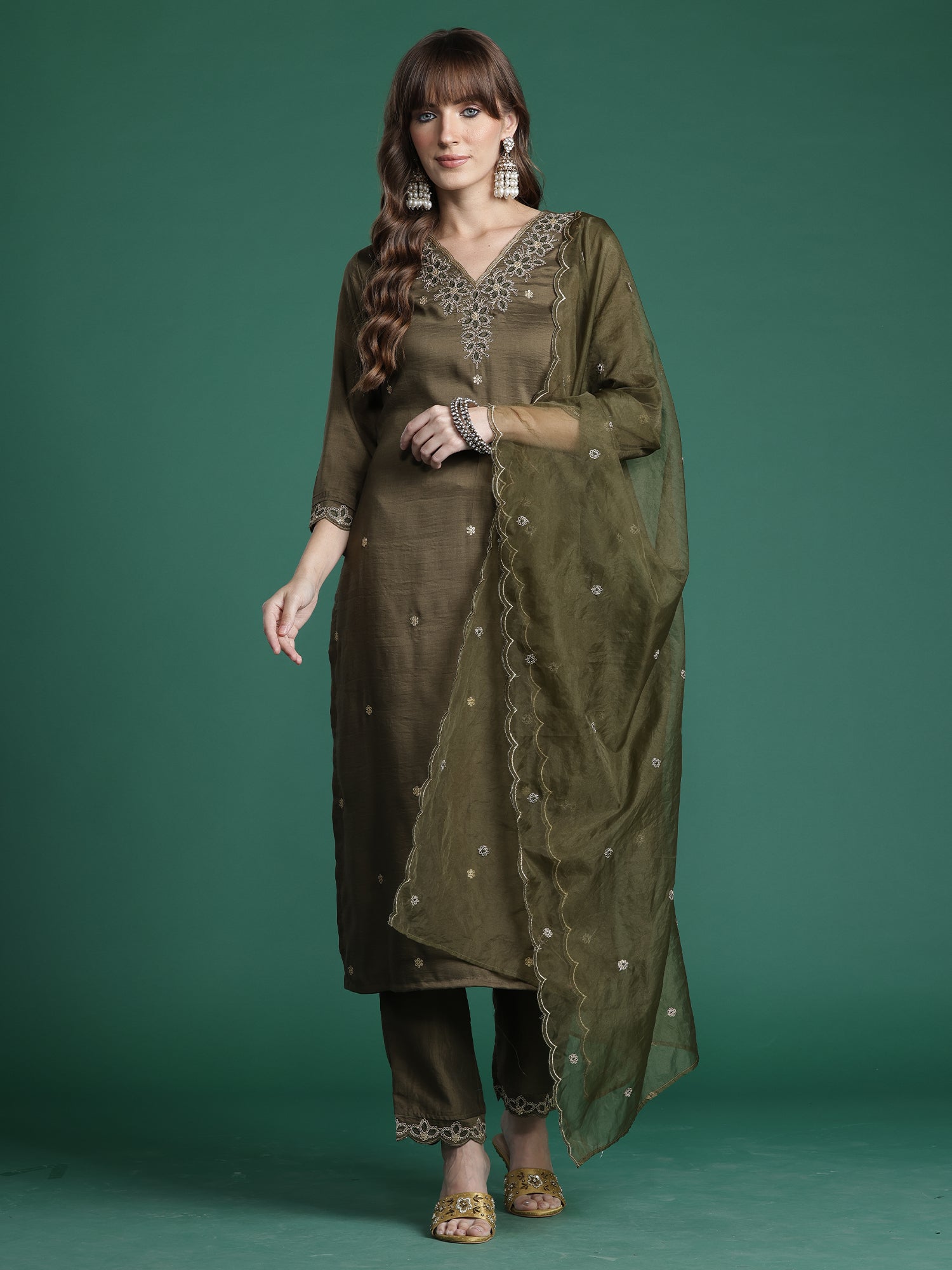 Indo Era Green Embroidered Straight Kurta Trousers With Dupatta Set- IE