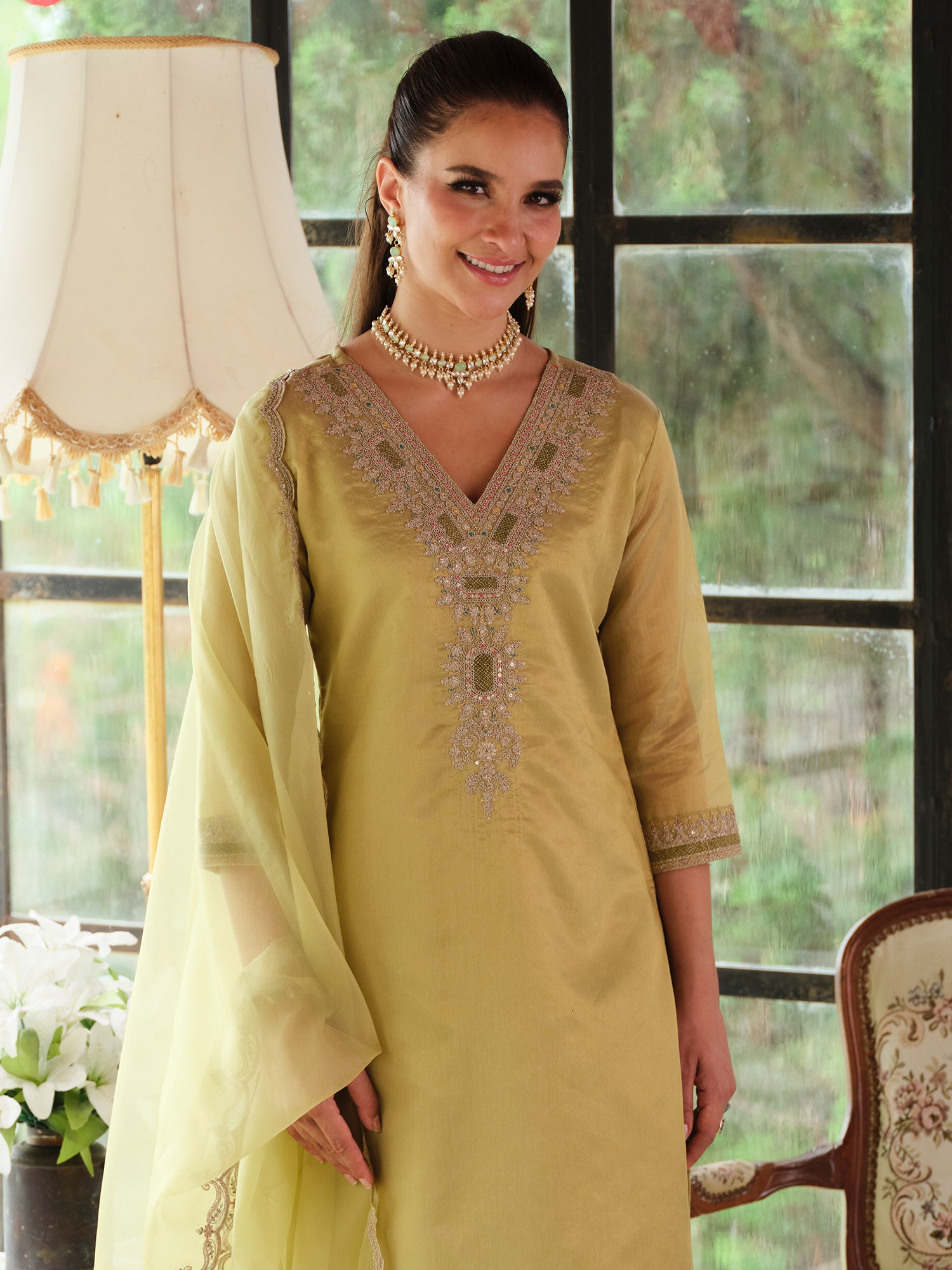 Indo Era Green Embroidered Straight Kurta Trousers With Dupatta set- IE