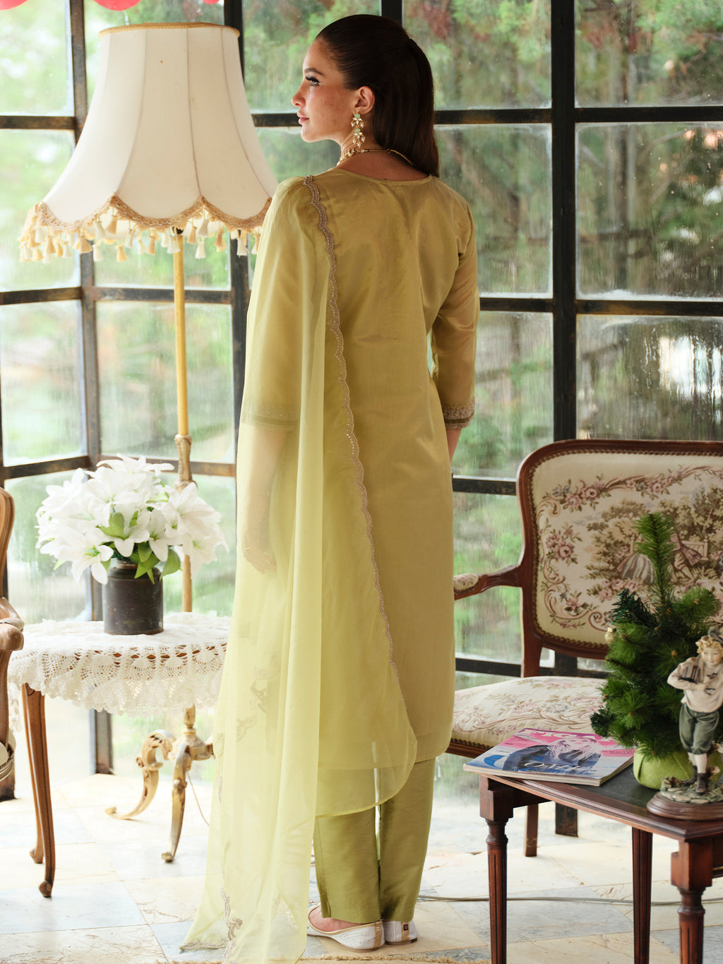 Indo Era Green Embroidered Straight Kurta Trousers With Dupatta set- IE