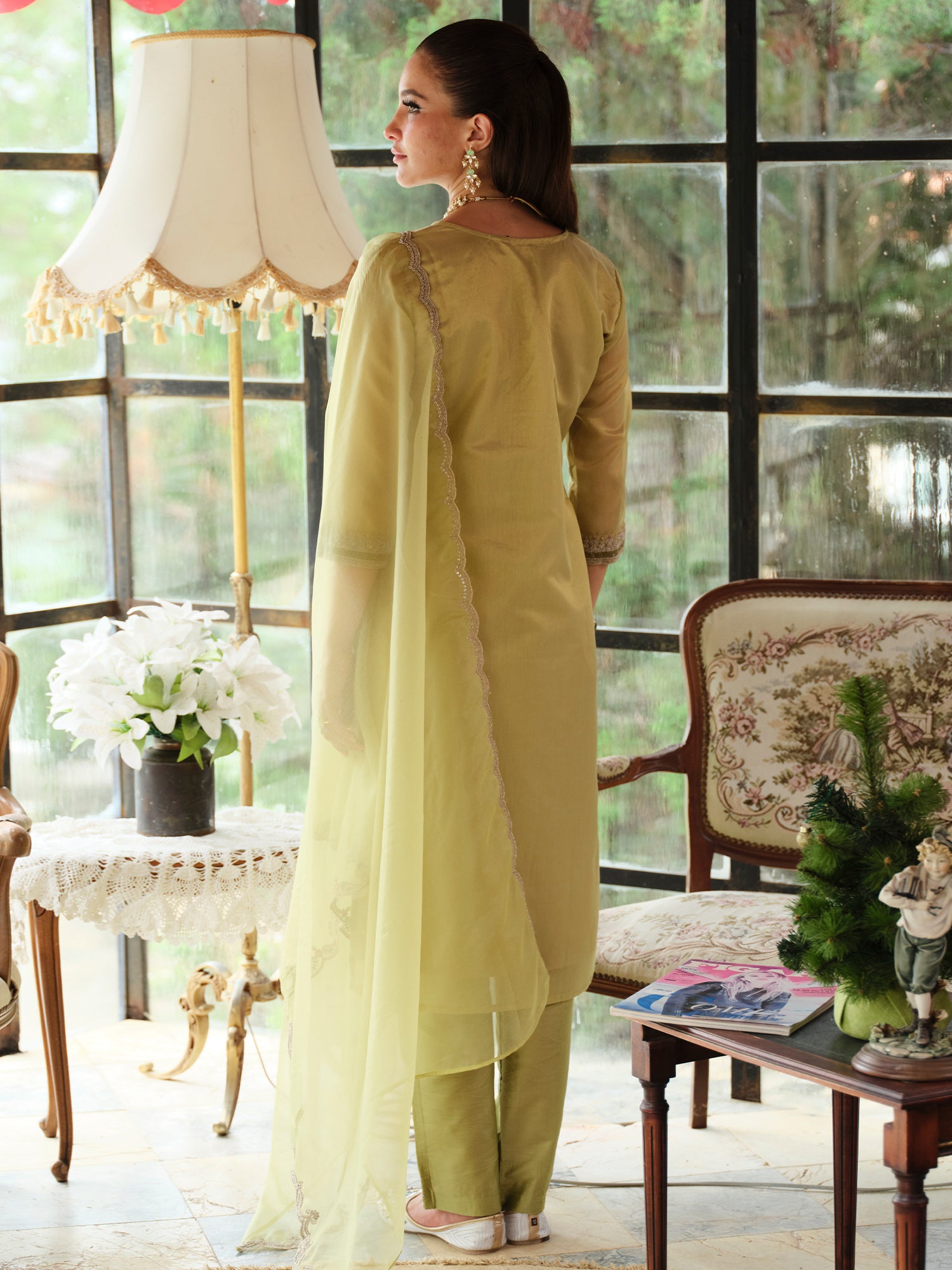 Indo Era Green Embroidered Straight Kurta Trousers With Dupatta set- IE