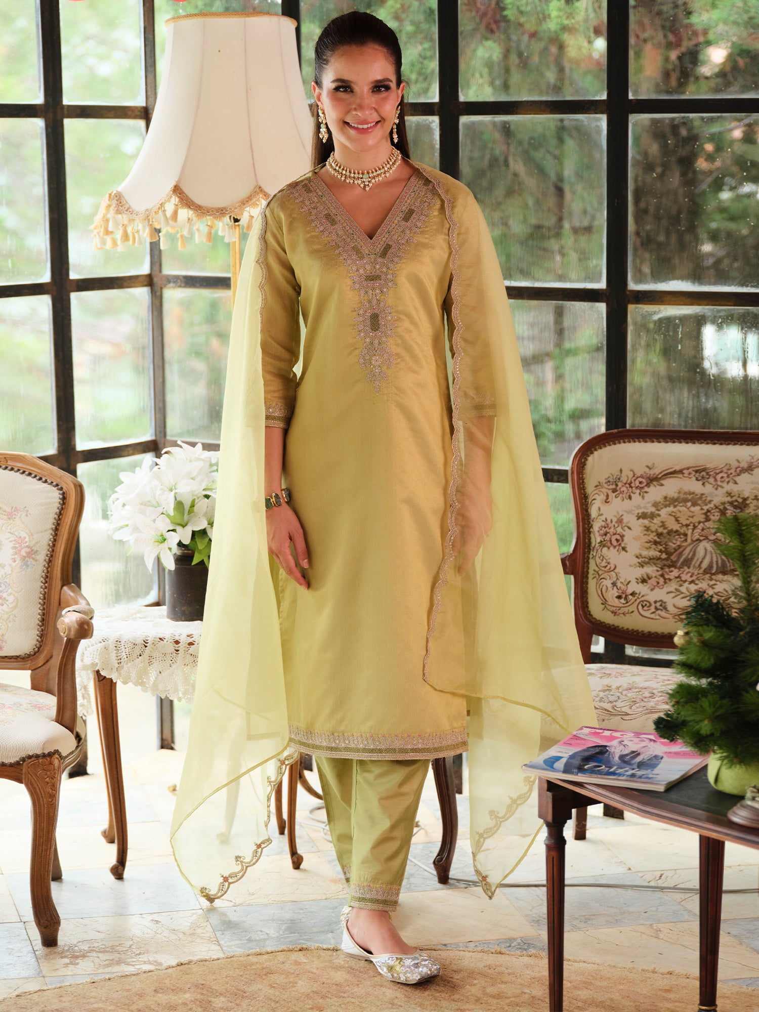 Indo Era Green Embroidered Straight Kurta Trousers With Dupatta set- IE