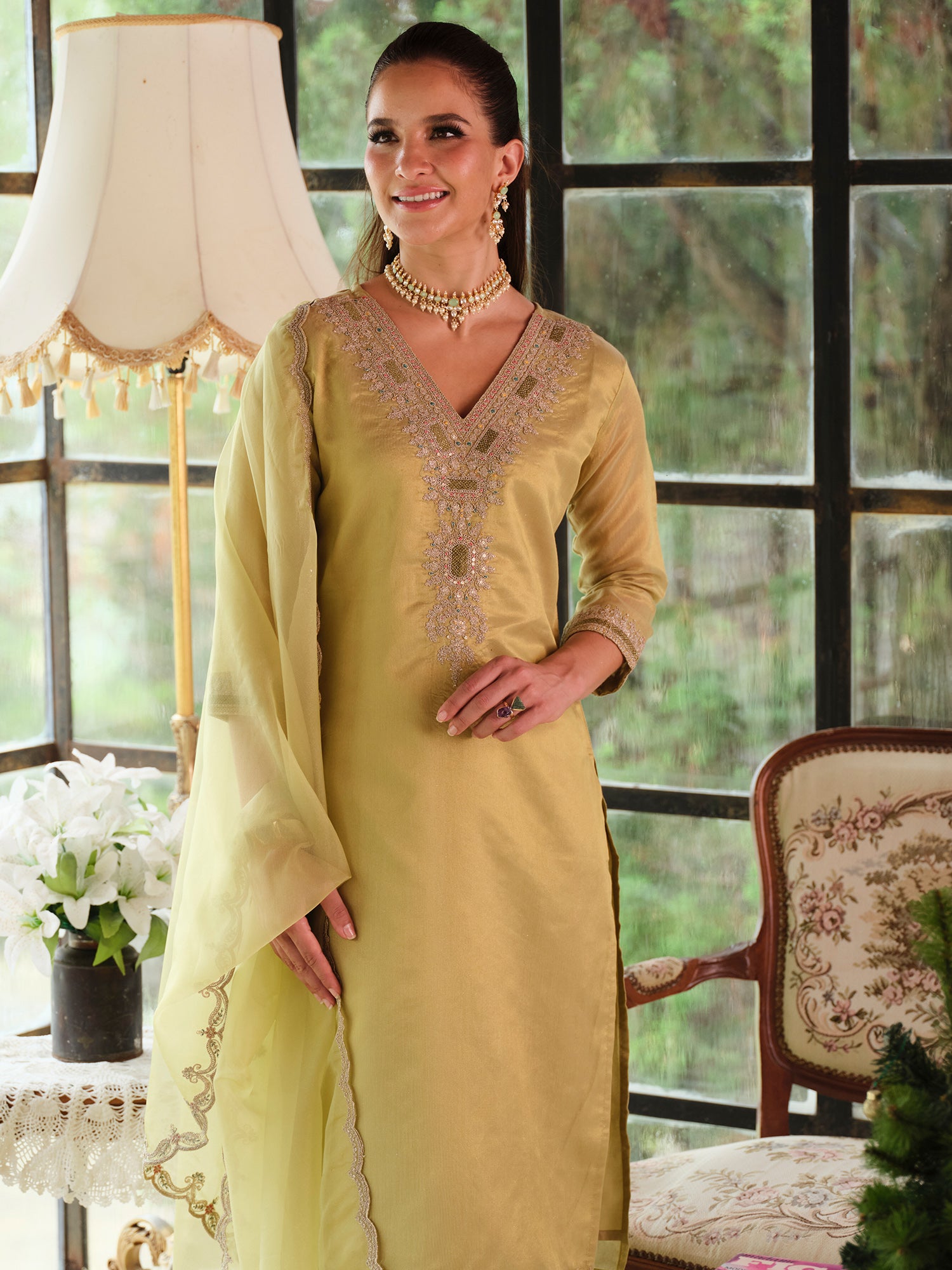 Indo Era Green Embroidered Straight Kurta Trousers With Dupatta set- IE