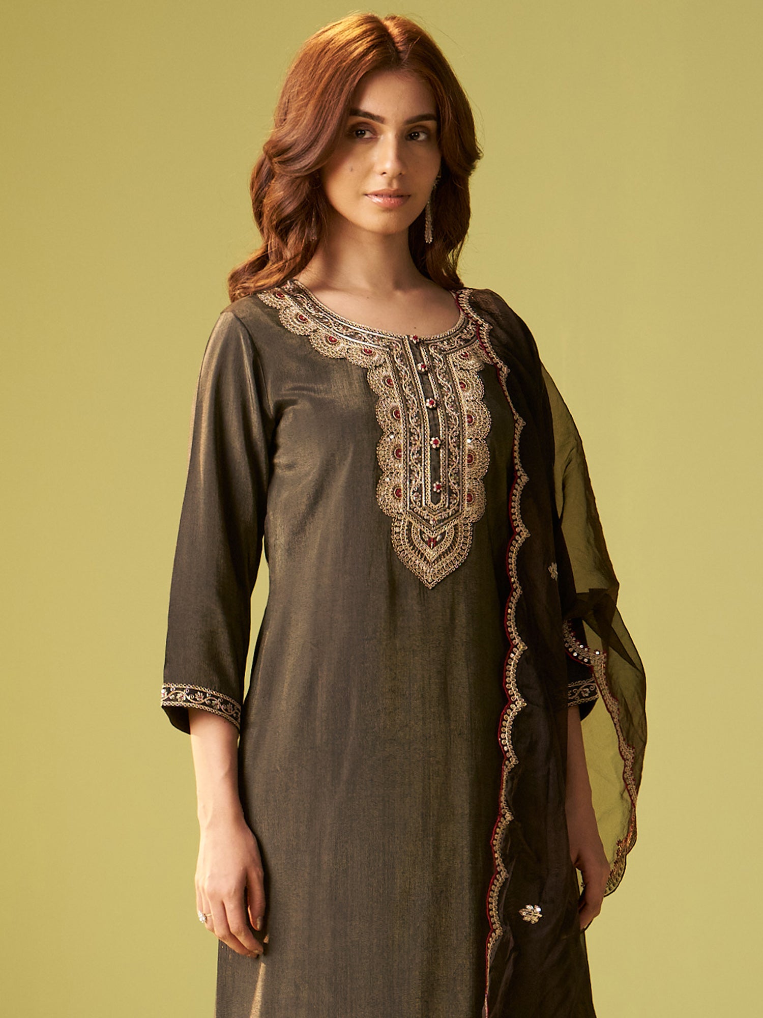 Indo Era Green Embroidered Straight Kurta Trousers With Dupatta Set- IE