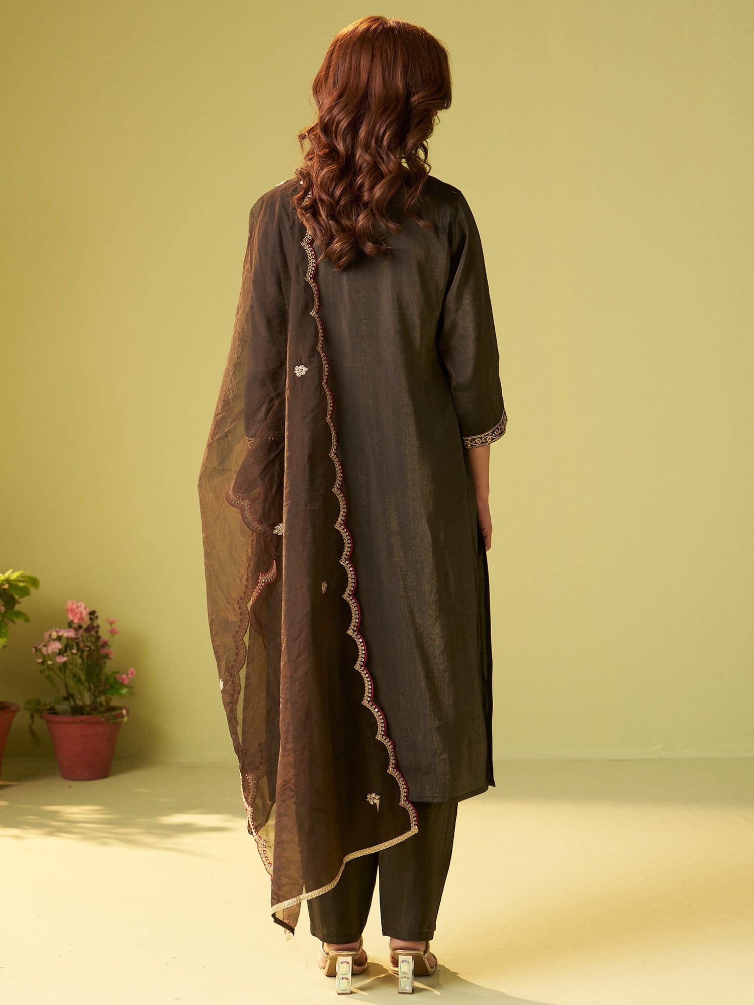 Indo Era Green Embroidered Straight Kurta Trousers With Dupatta Set- IE