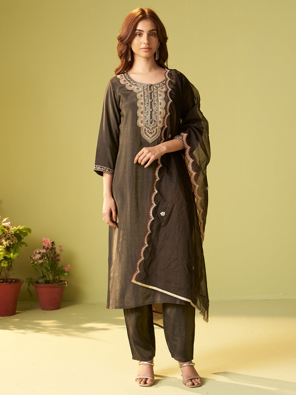 Indo Era Green Embroidered Straight Kurta Trousers With Dupatta Set- IE