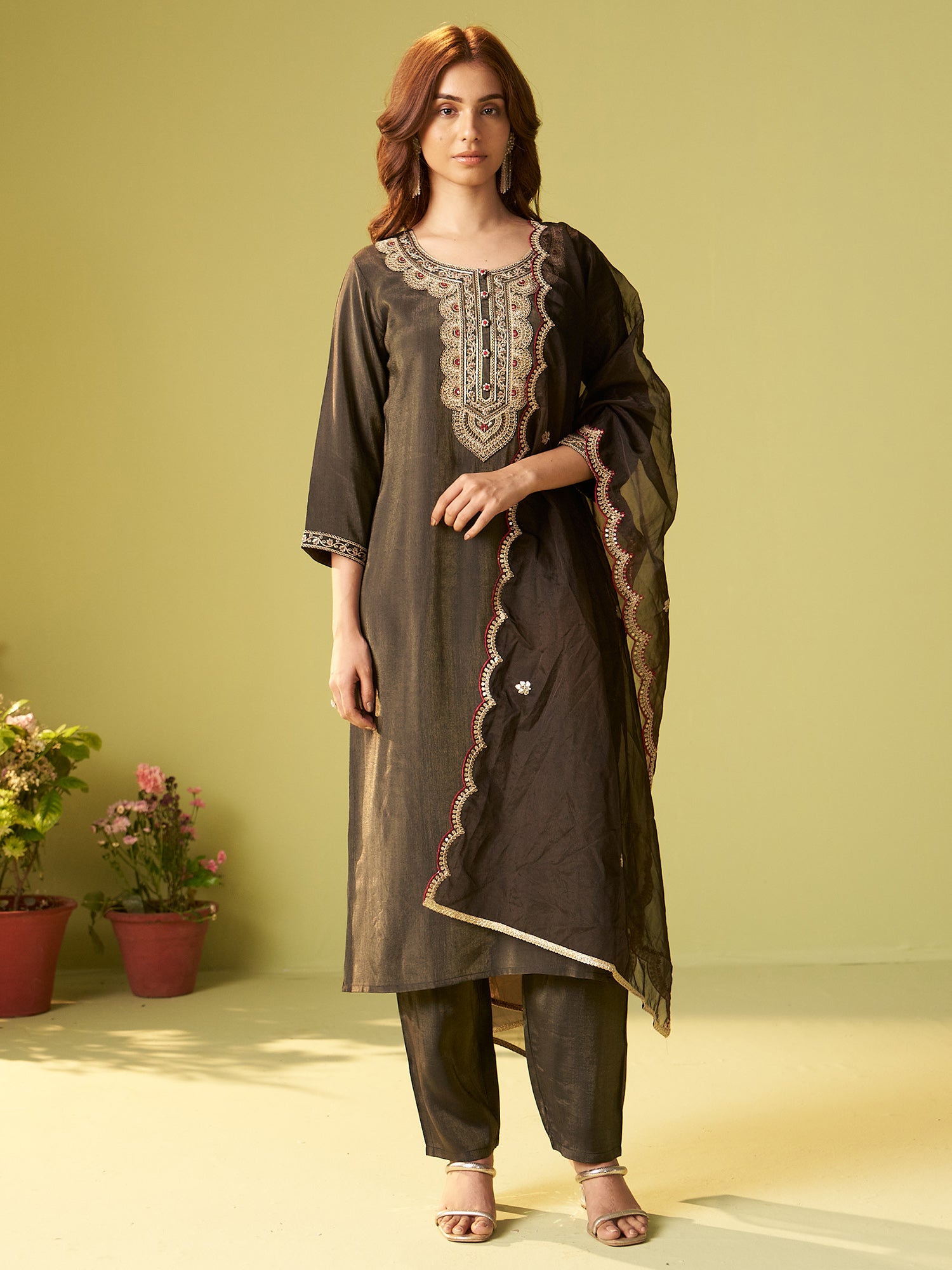 Indo Era Green Embroidered Straight Kurta Trousers With Dupatta Set- IE