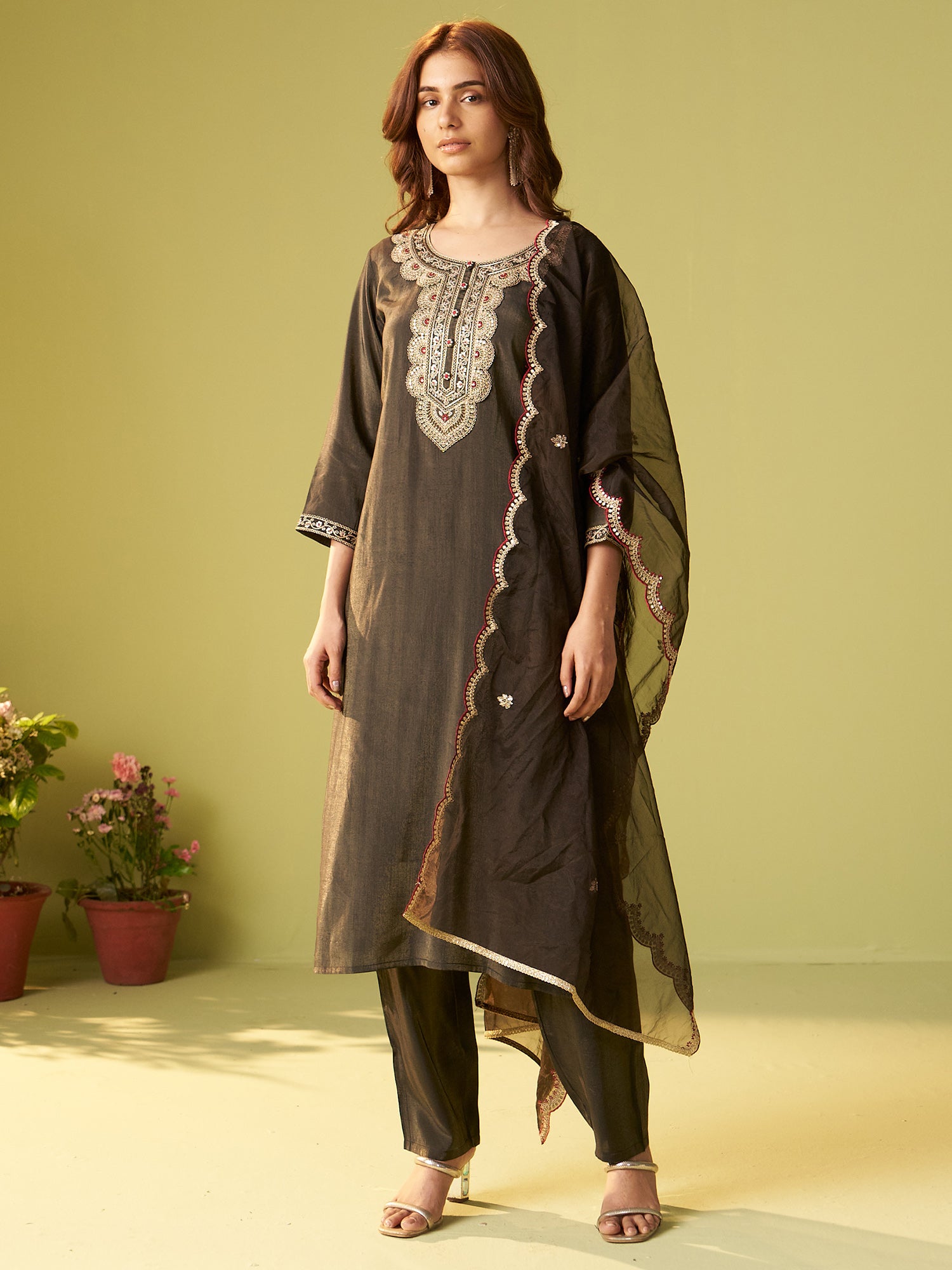 Indo Era Green Embroidered Straight Kurta Trousers With Dupatta Set- IE