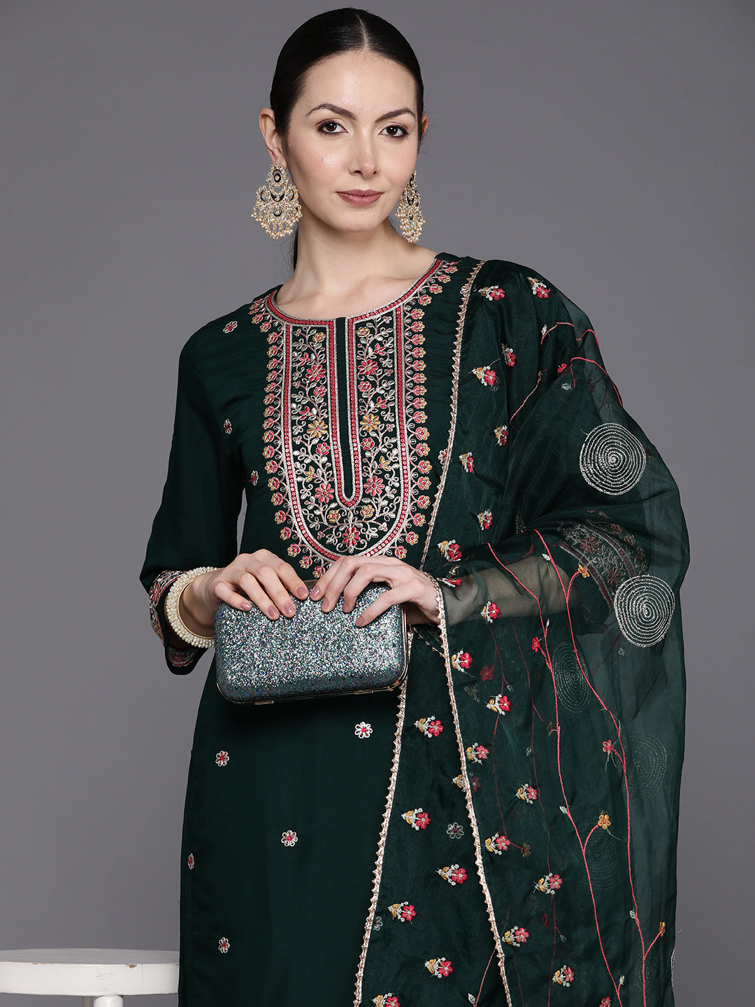 Green Embroidered Straight Kurta Trousers With Dupatta Set