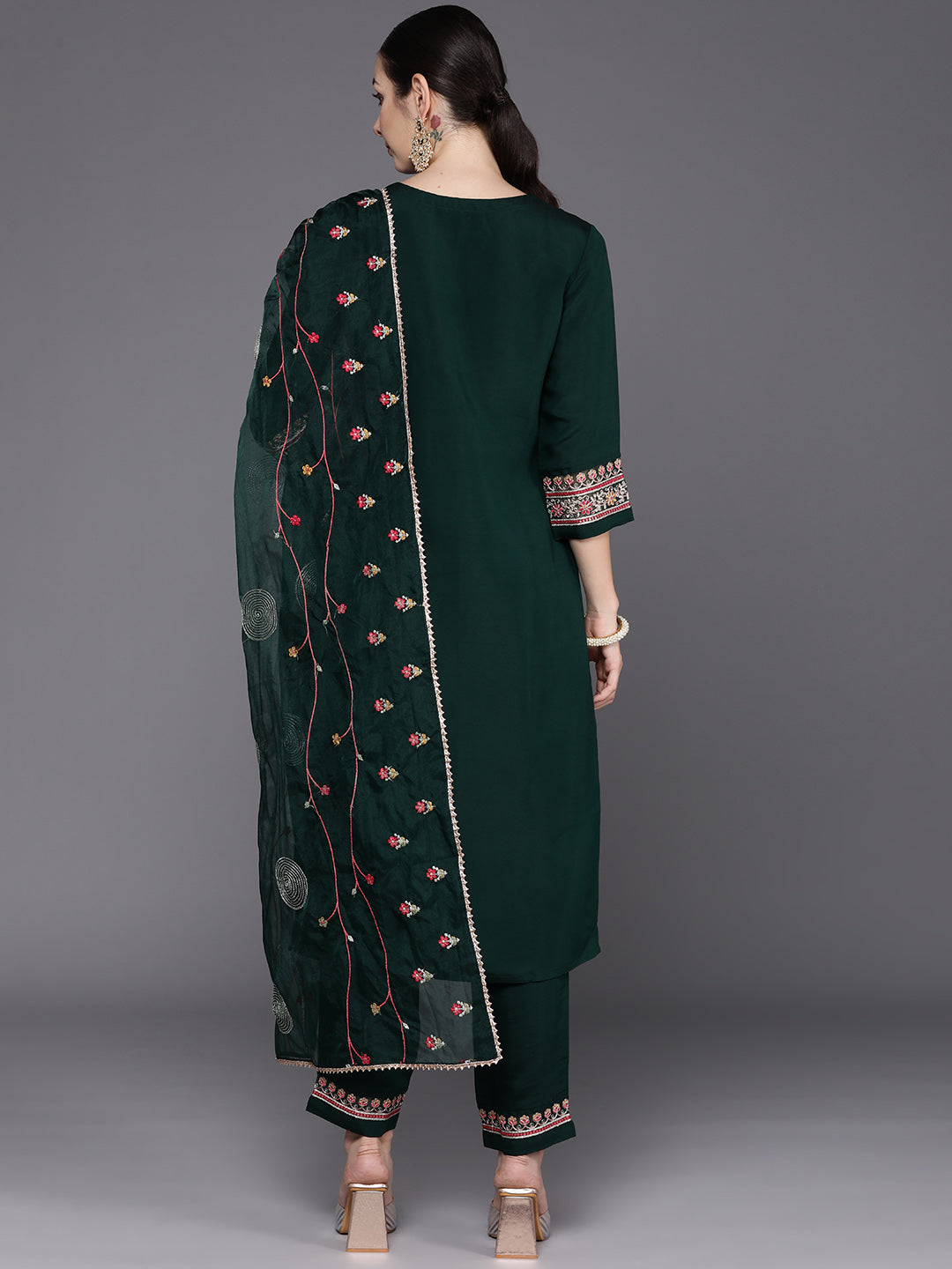 Green Embroidered Straight Kurta Trousers With Dupatta Set