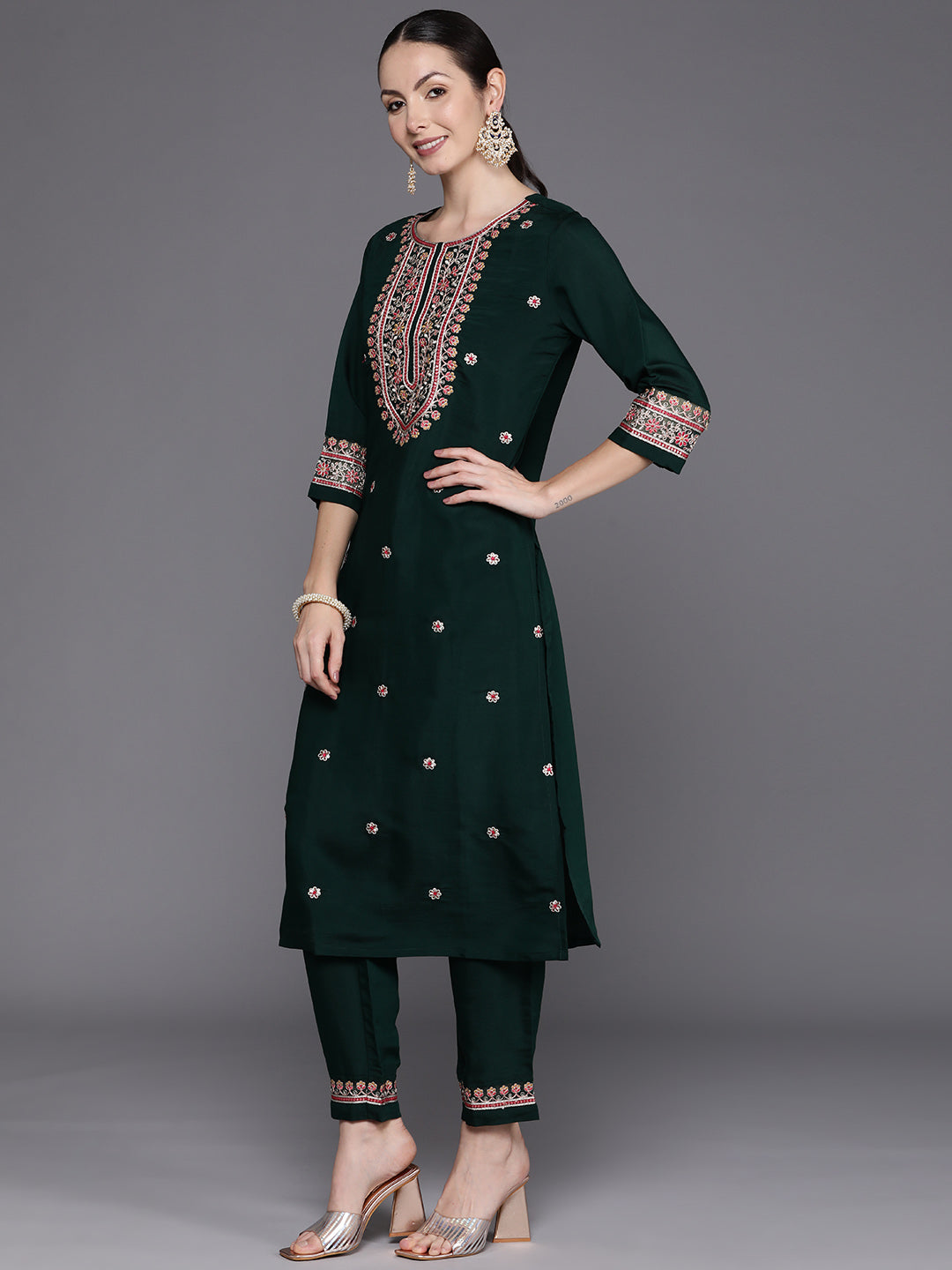 Green Embroidered Straight Kurta Trousers With Dupatta Set