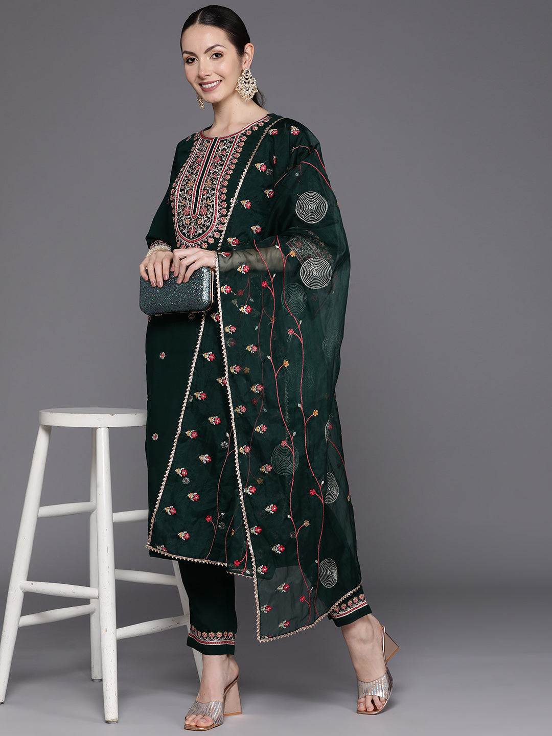 Green Embroidered Straight Kurta Trousers With Dupatta Set