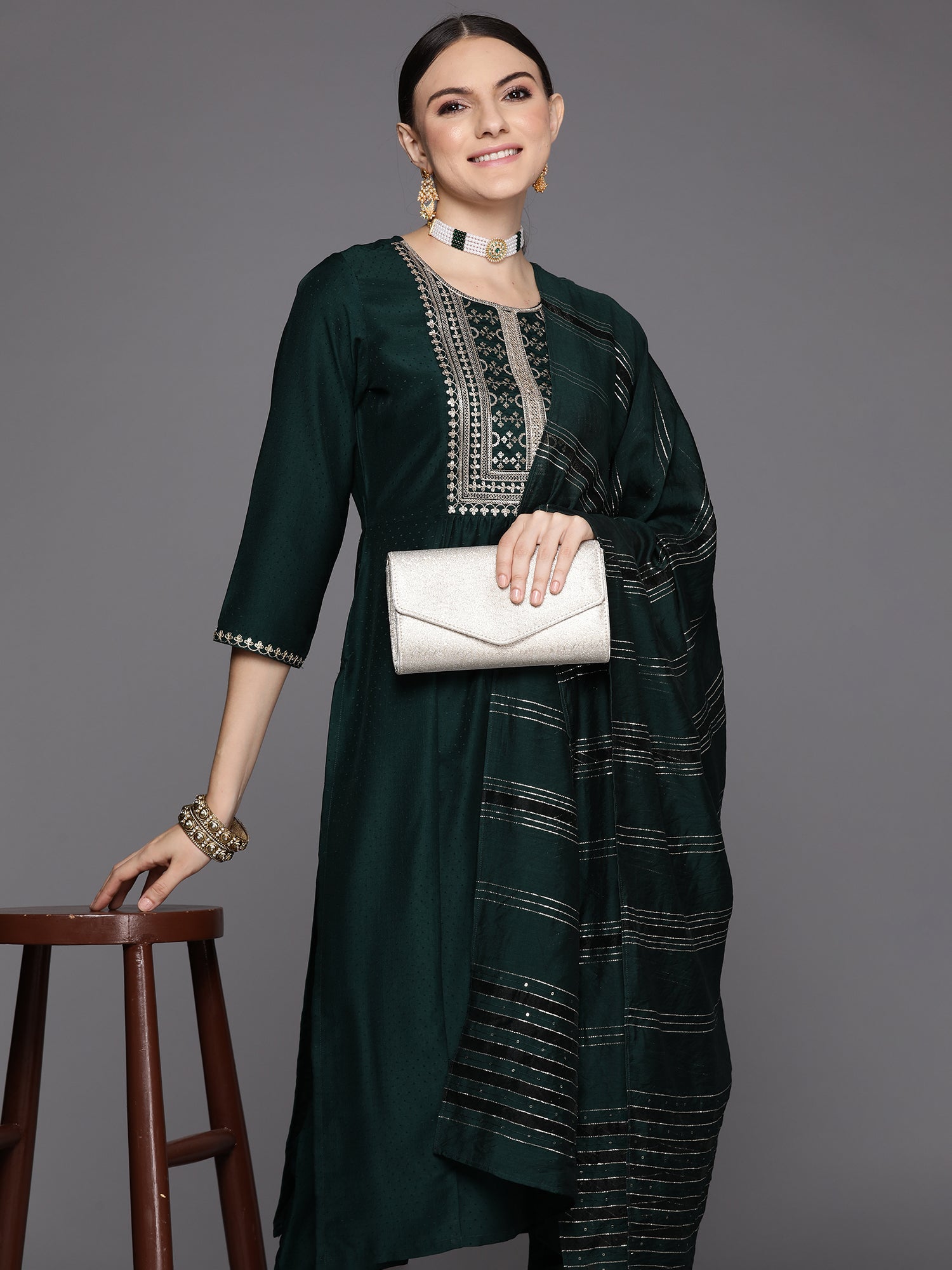 Green Embroidered A-Line Kurta Trousers With Dupatta Set