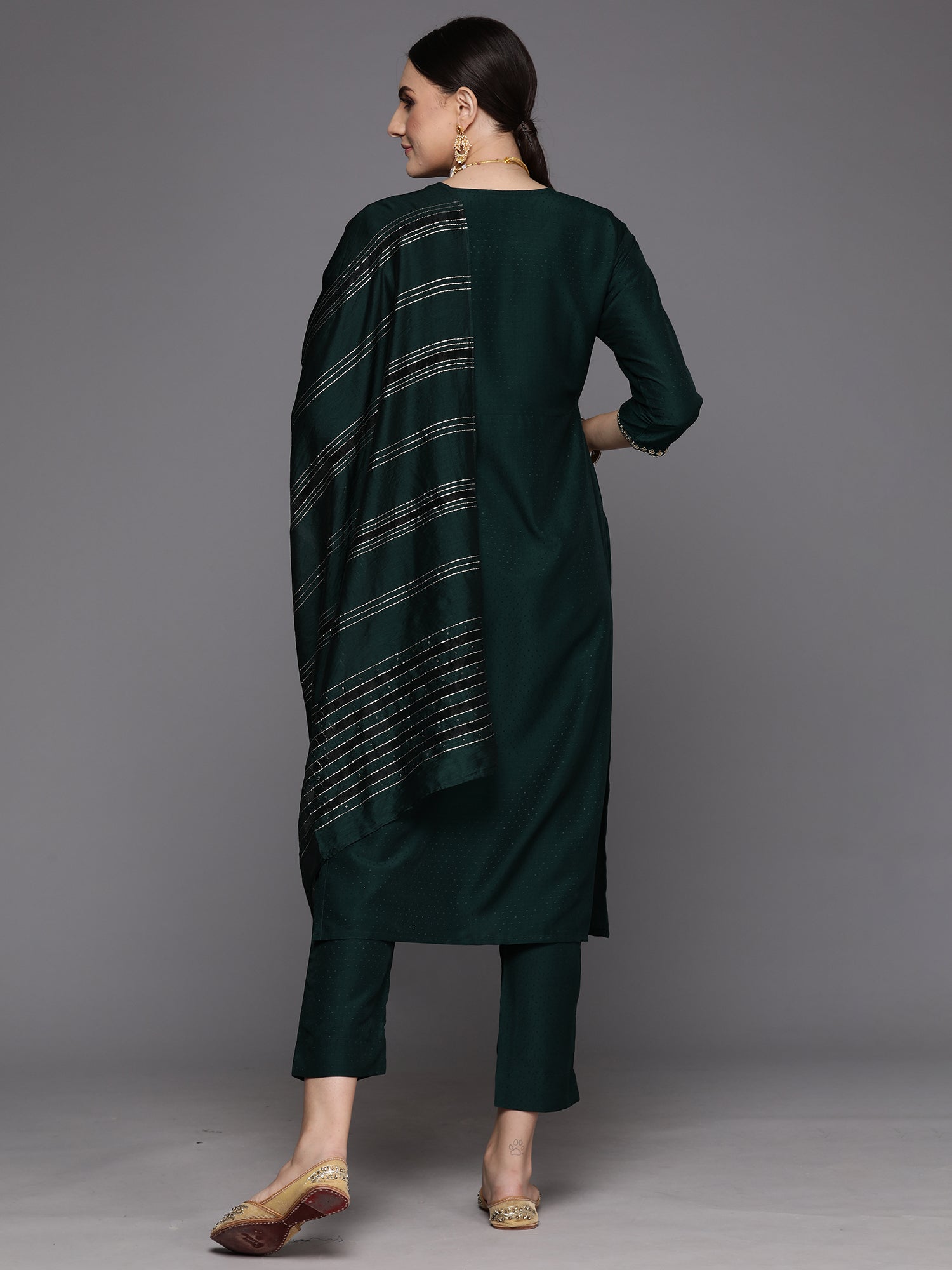 Green Embroidered A-Line Kurta Trousers With Dupatta Set