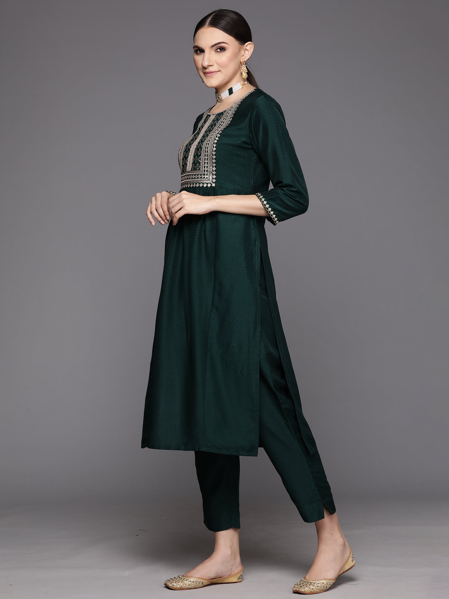 Green Embroidered A-Line Kurta Trousers With Dupatta Set