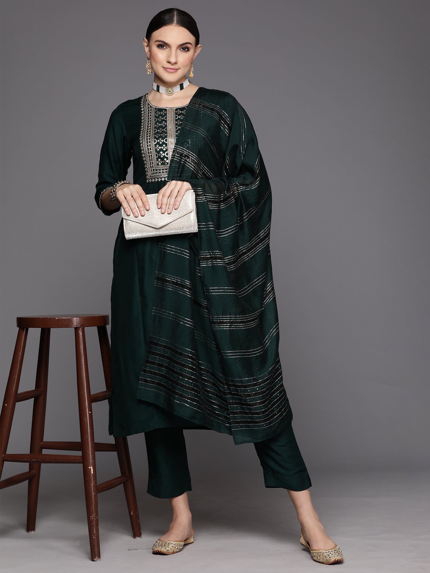 Green Embroidered A-Line Kurta Trousers With Dupatta Set